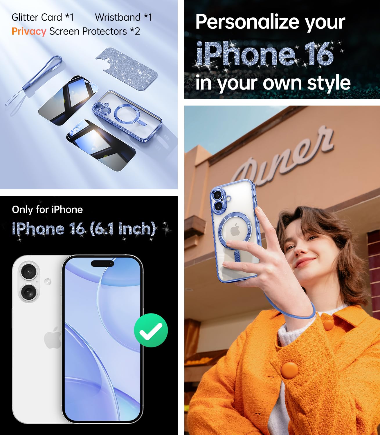 Meifigno Designed For Iphone 16 Case 6.1'', [Glitter Card & Wrist Strap] [Compatible With Magsafe] [2X Privacy Screen Protectors