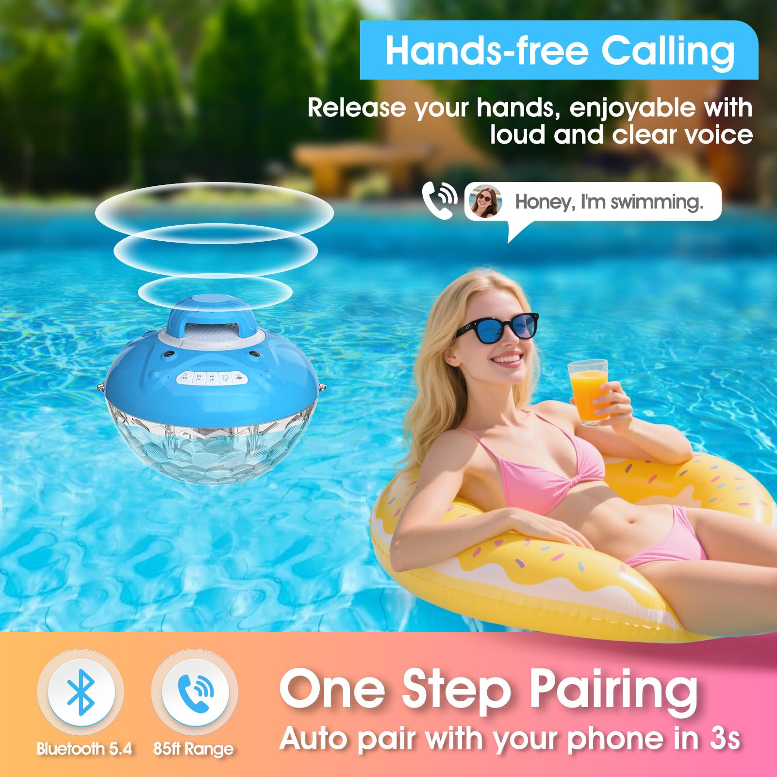 Blufree Bluetooth Pool Speaker W/Colorful Pool Fountain Light, 3 In 1 Floating Pool Speaker Loud Sound, Ip68 Waterproof Floating