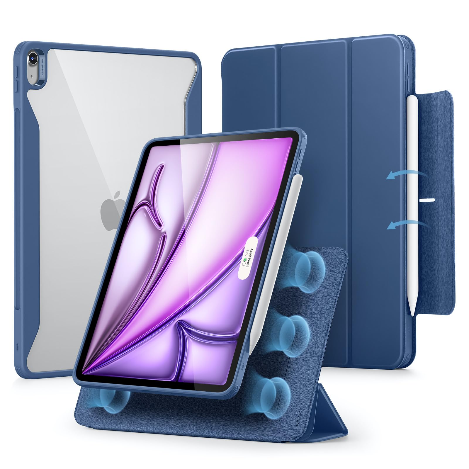 Esr For Ipad Air 13 Inch Case M2(2024), Ipad Air 13 Case With Pencil Holder, Removable Magnetic Cover, Vertical Stand, Fully Supports Pencil Pro And Pencil(Usb C), Rebound 360 Series, Dark Blue