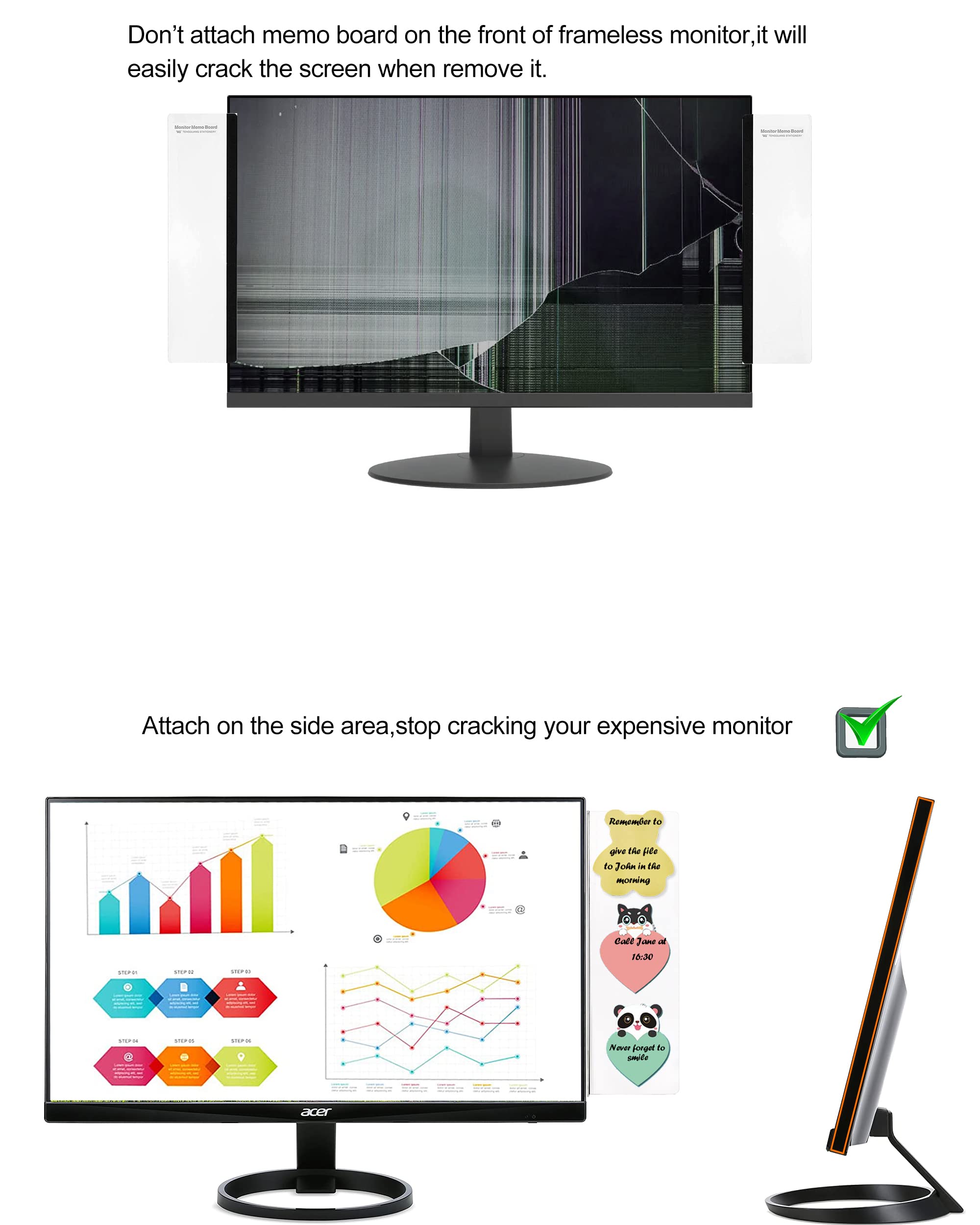 2 Pcs Computer Monitor Memo Board For Frameless Monitors,11.8 X 3.15 Inch Monitor Sticky Note Holder Computer Monitor Message Bo