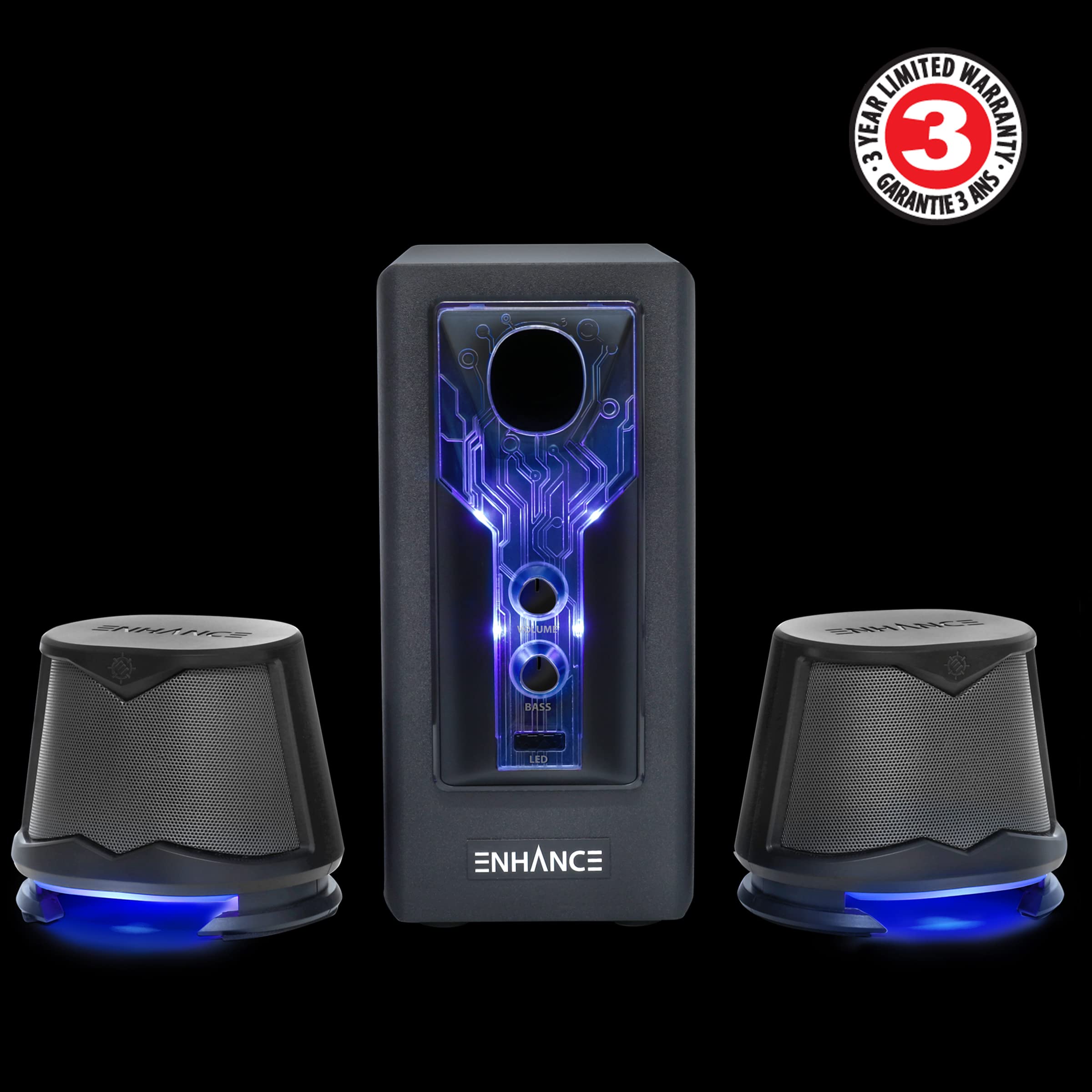 Enhance Sb 2.1 Computer Speakers With Subwoofer - Blue Led Gaming Speakers, Computer Speaker System, Ac Powered & 3.5Mm, Volume