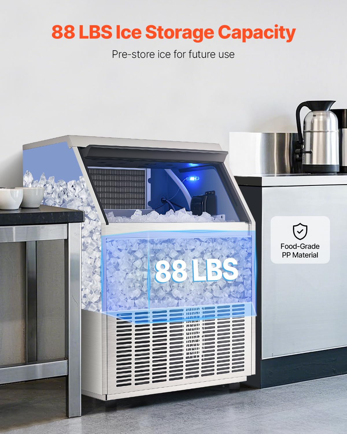 Vevor Commercial Ice Maker Machine, 360Lbs/24H Ice Maker Machine With 88Lbs Storage Capacity, 160 Ice Cubes In 15 Minutes, Led D