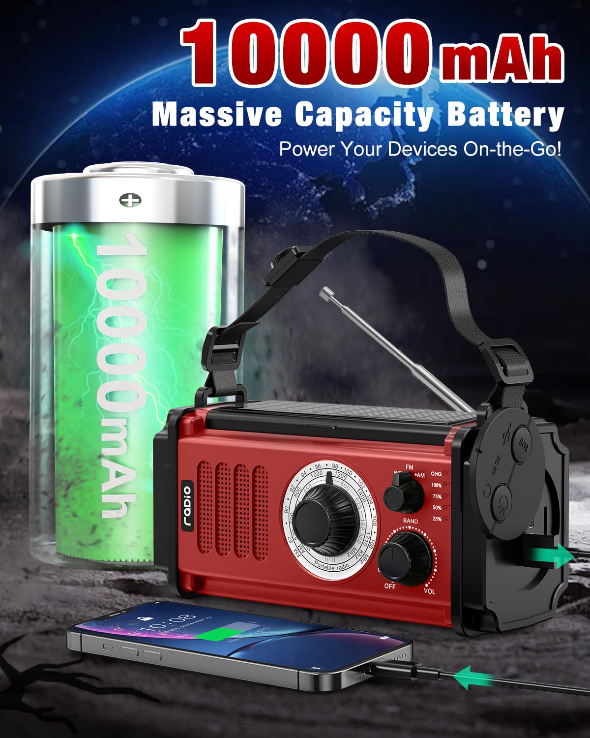 Emergency Radio, Hand Crank Radio, Solar Radio, Am Fm Noaa Weather Radio, 4 Charging Methods, Torch & Led Reading Light, Sos Ala