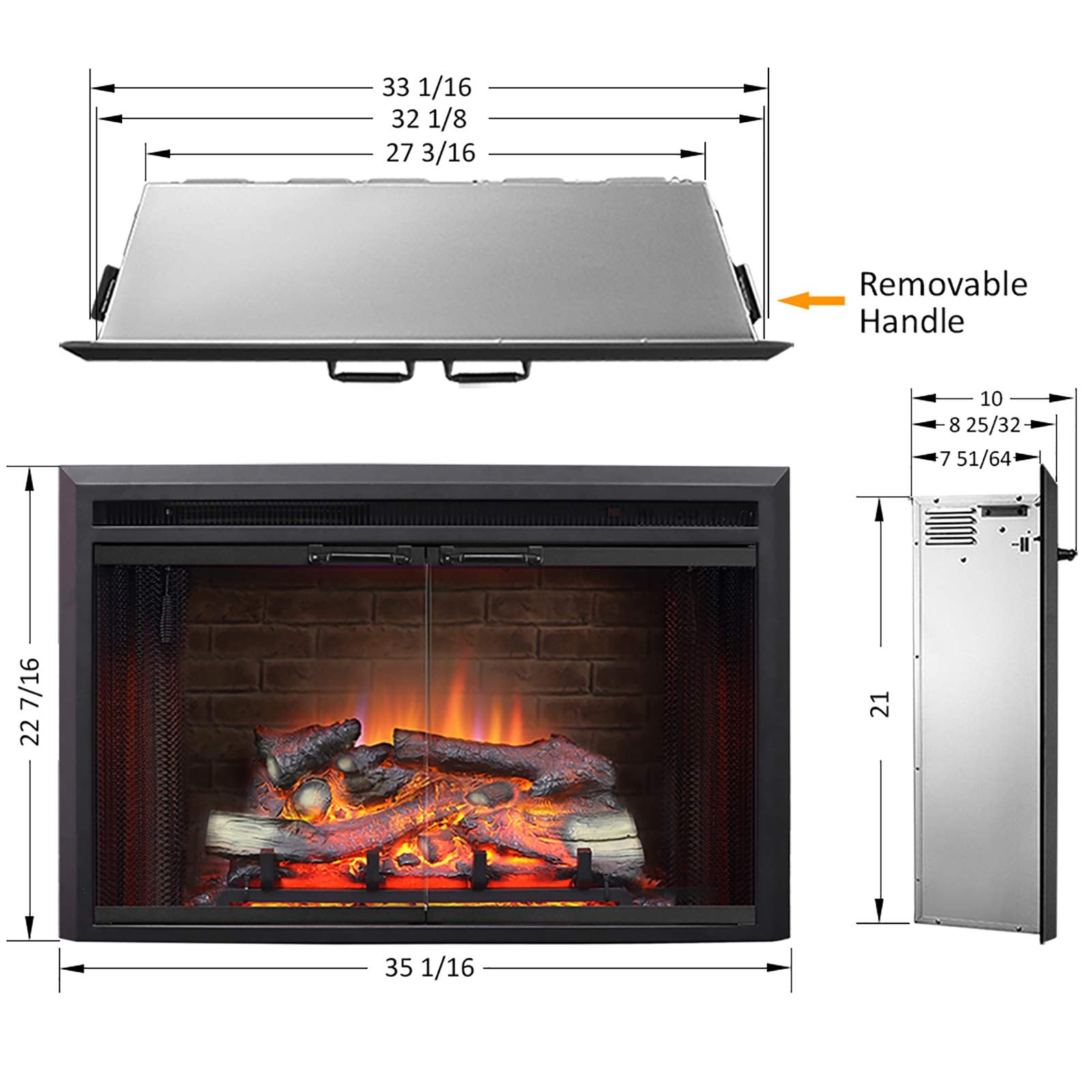 Puraflame Klaus Electric Fireplace Insert With Fire Crackling Sound Glass Door And Mesh Screen, 750/1500W, Black, 33 1/16 Inches