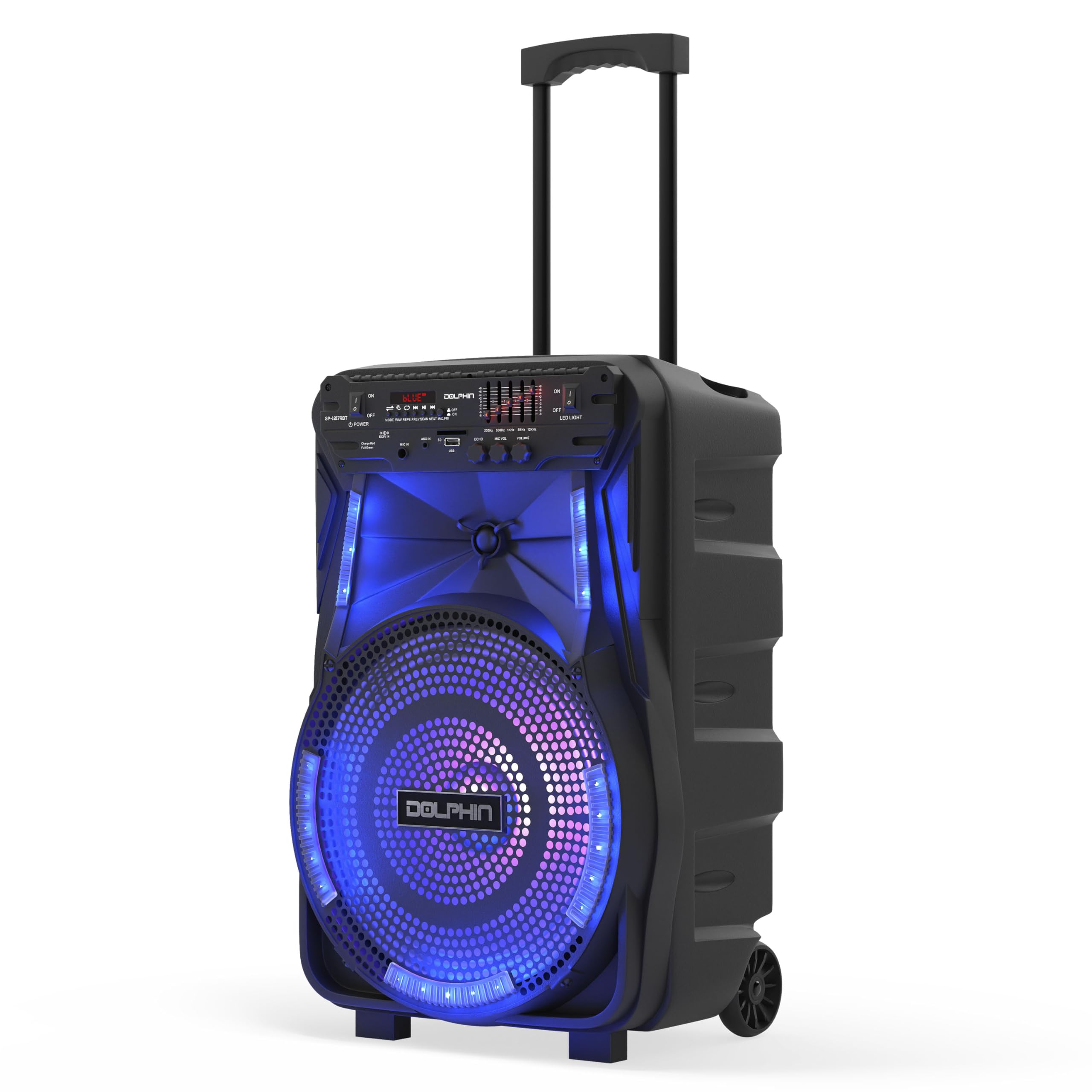 Dolphin 12 Inch Rechargeable Bluetooth Party Speaker � High Power Sound, Tws Compatibility, Led Lights, 5 Band Equalizer, Portable Design With Trolley And Wheels