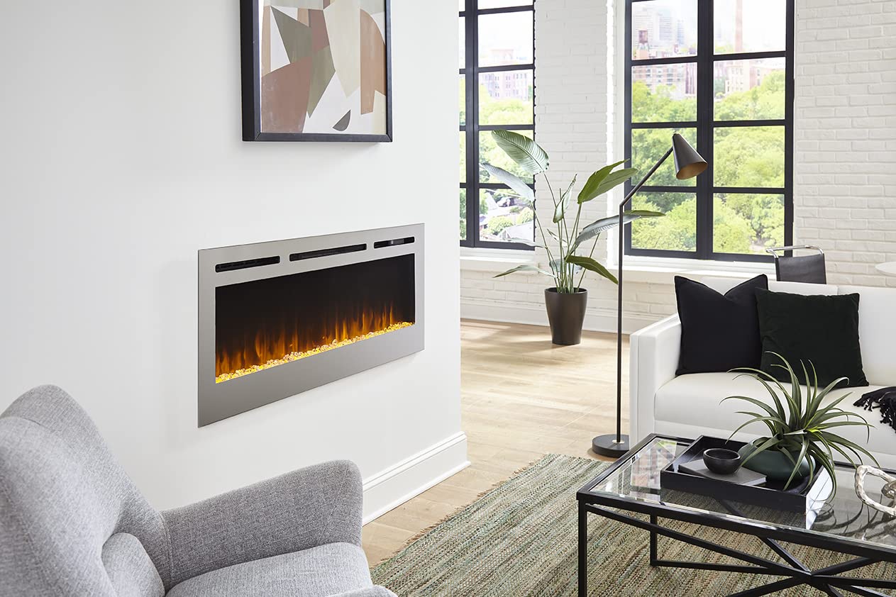 Touchstone Sideline Deluxe   Stainless Steel Electric Fireplace   50 Inch Wide   In Wall Recessed   5 Flame Settings   Multiple
