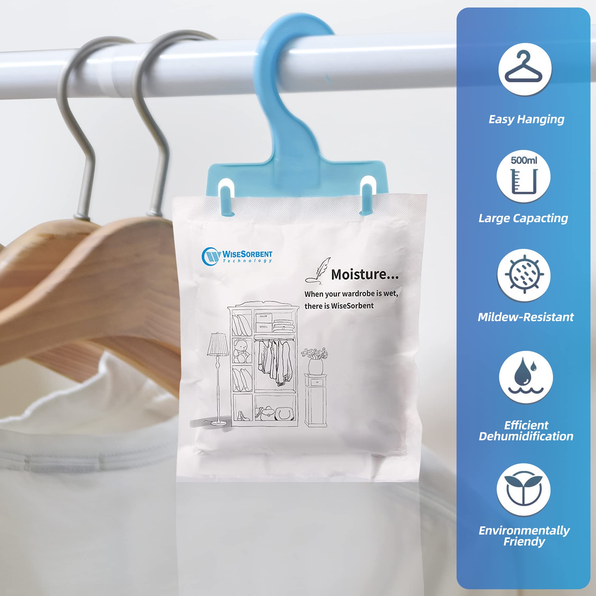 Wisesorb Moisture Absorber Packets With Plastic Case & Hook, Odor Eliminator, Leak Proof, Fragrance Free, Humidity Packs, Hangin