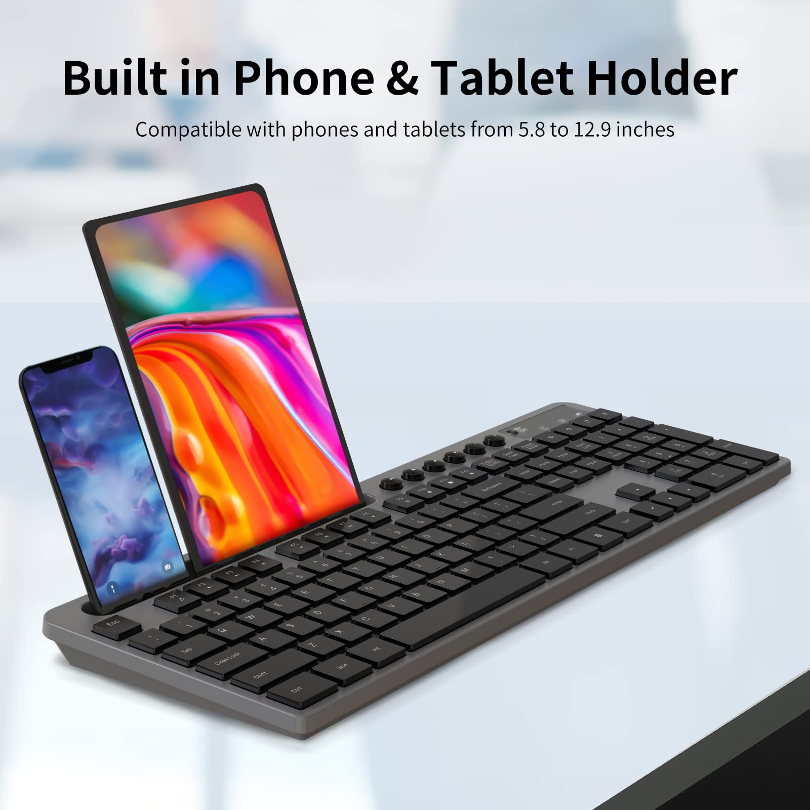 Wireless Keyboard And Mouse Combo, Marvo 2.4G Ergonomic Wireless Computer Keyboard With Phone Tablet Holder, Silent Mouse With 6 Button, Compatible With Macbook, Windows (Grey)