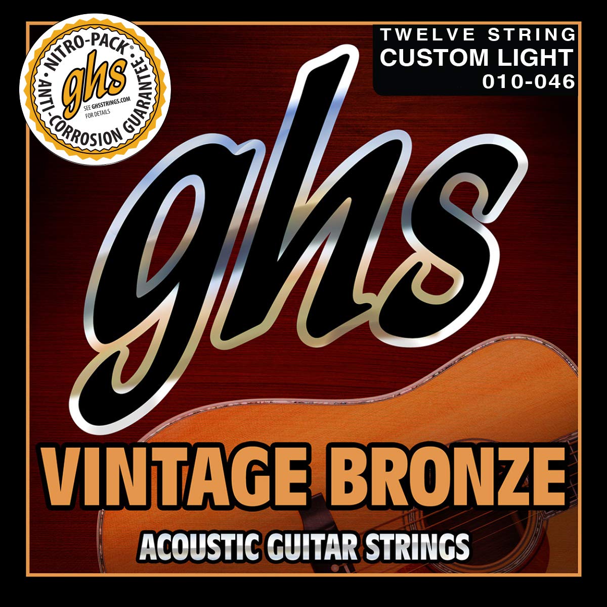 GHS Strings VN-12CL VINTAGE BRONZE Acoustic Guitar Strings, 12 Set, Custom Light (10-46)
