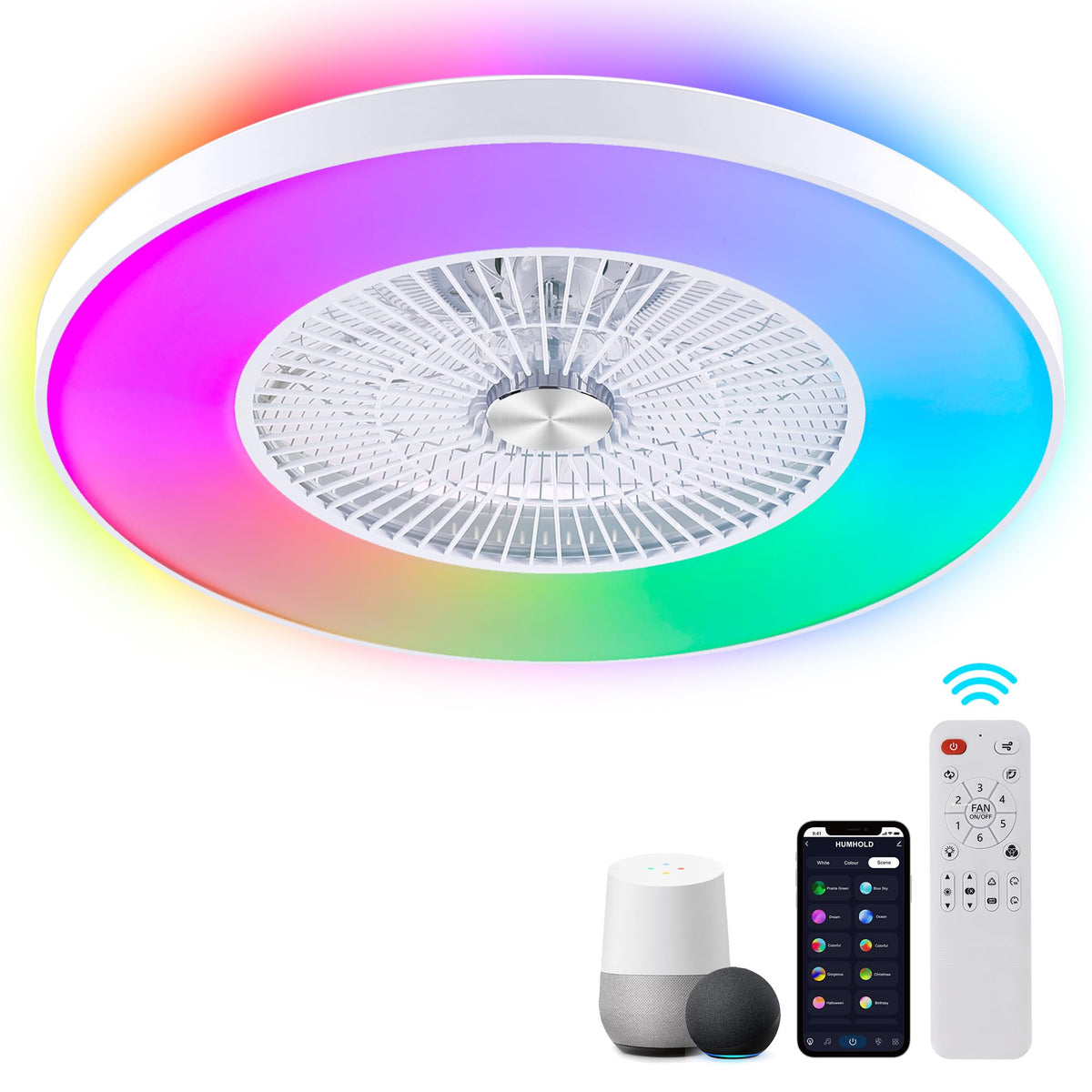Humhold 24'' Bladeless Ceiling Fans With Lights And Remote/App/Voice Control, Low Profile Ceiling Fan With Rgb Lights, Enclosed