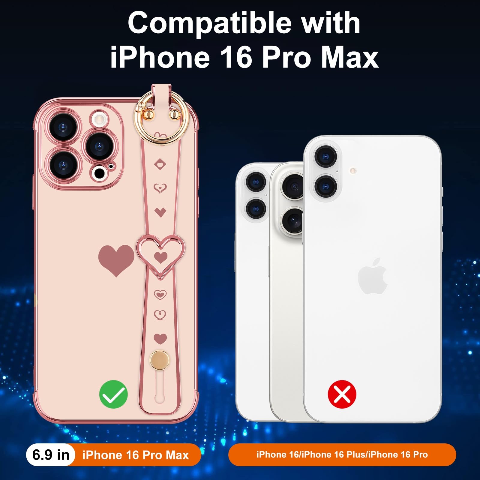 Llz.Coque For Iphone 16 Pro Max Case With Strap For Women Girls [2   Screen Protectors], Cute Love Hearts Design, Wristband Kick