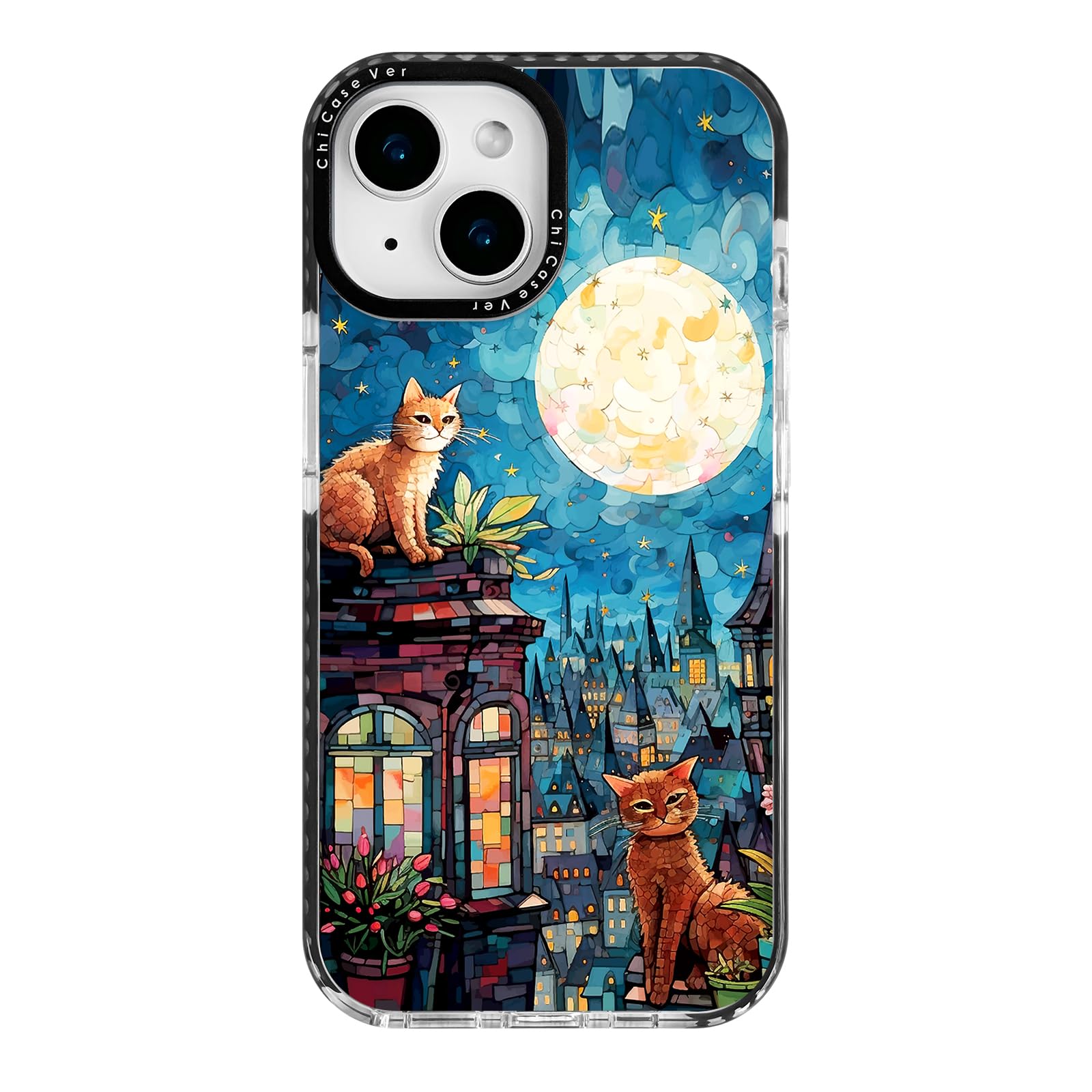 ChiCaseVer for iPhone 15 Plus Case, Starry Night Cats on Rooftop Pattern, Military-Grade Drop Protection, Magical Fantasy Soft S
