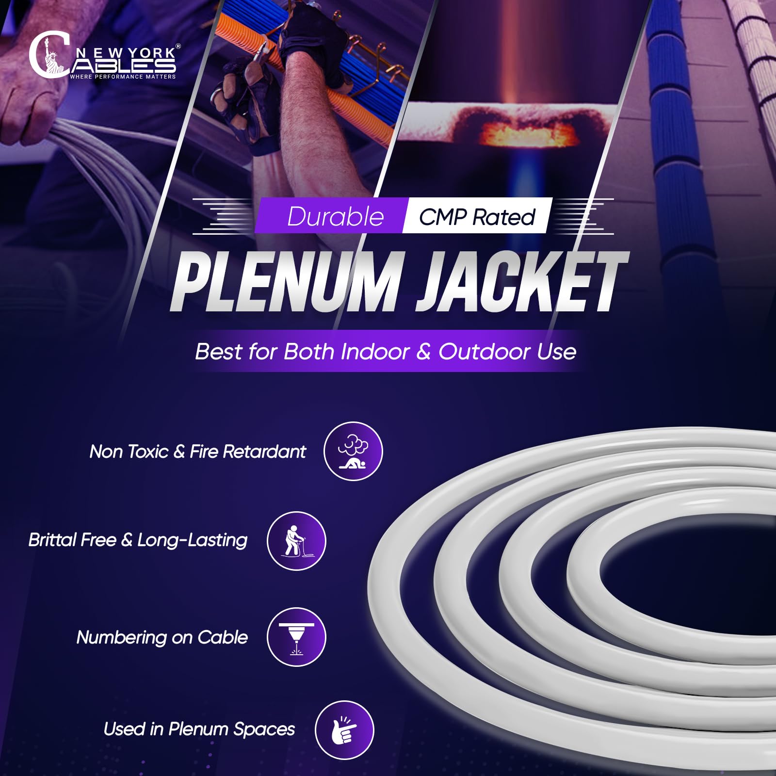 Newyork Cables Cat6A Plenum Cable 1000Ft - Certified 100% Solid Pure Copper Cat6 A Ethernet Cable - 23 Awg, 750 Mhz, Poe++ - Uns