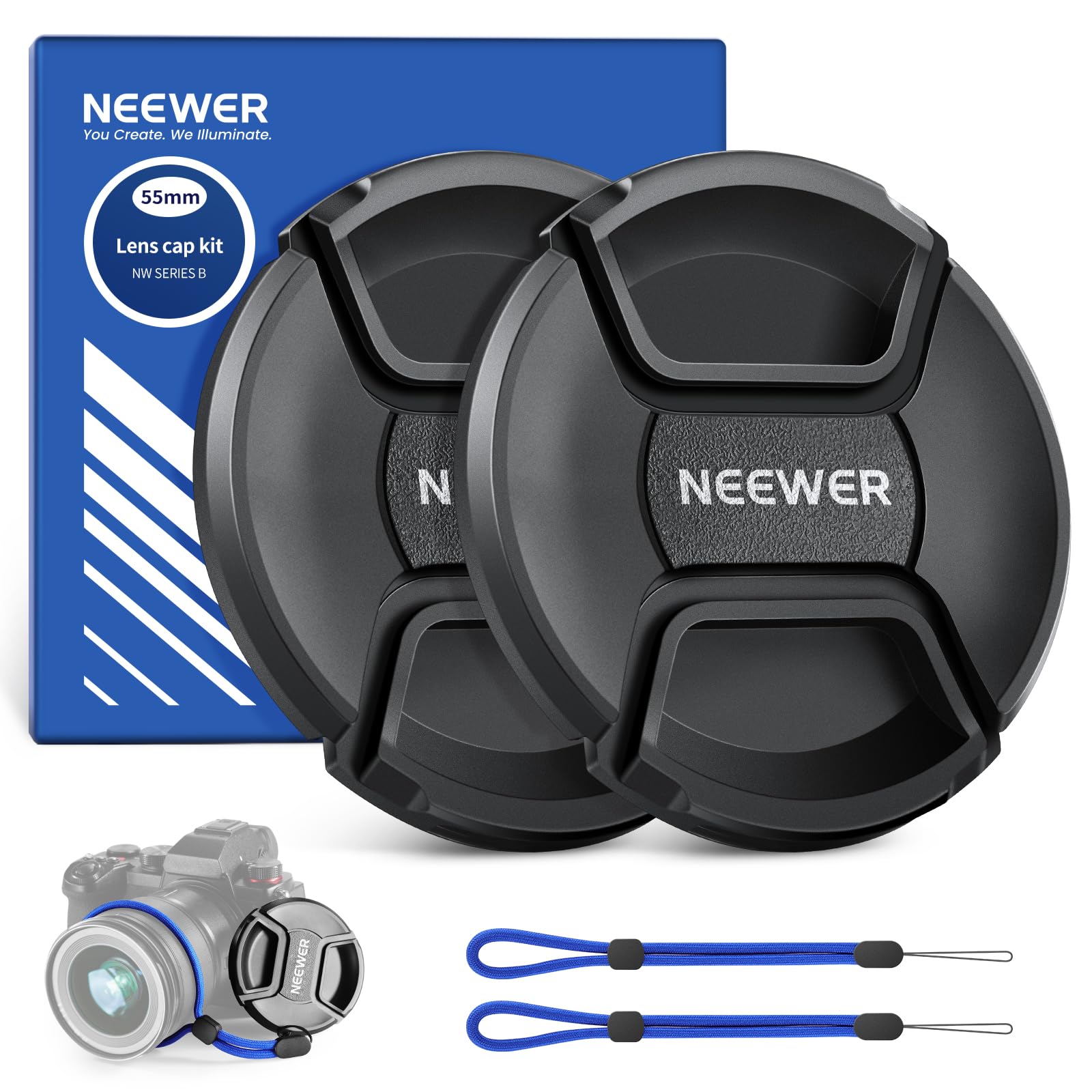 Neewer 55mm Lens Cap Kit (2 Pack), Lens Cover with Anti Loss Strap and Cleaning Cloth, Compatible with Canon Nikon Sony Fujifilm