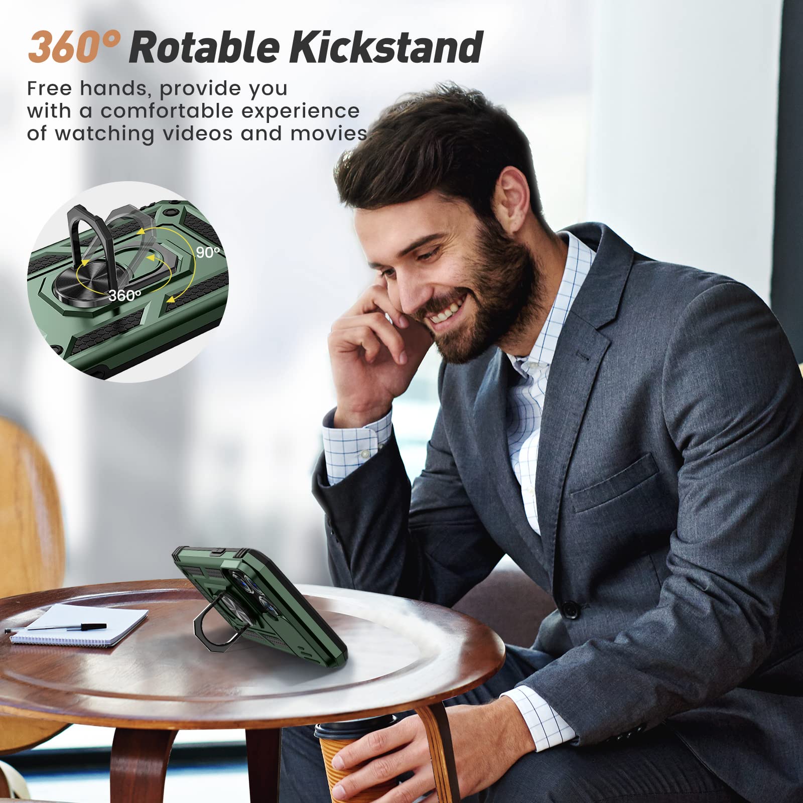 Goton For Iphone 14 Pro Max Case With Screen Protector   Slide Camera Cover Phone Case With Ring Stand, Heavy Duty Military Grad