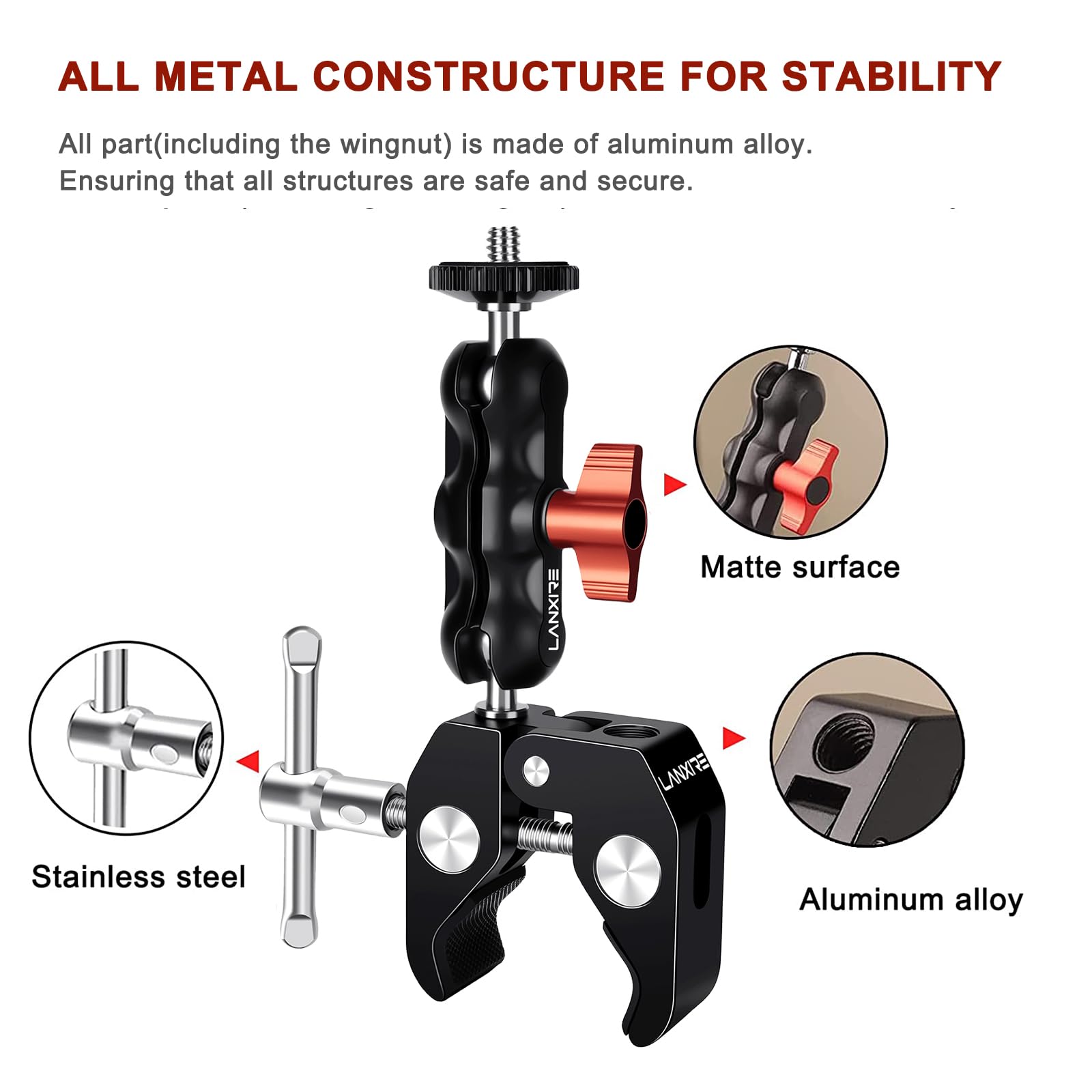 Lanxire Super Clamp Camera Mount With Double Ball Head Adapter   Compatible With Canon Nikon Dslr, Gopro, Led Lights, Ronin M/Mx