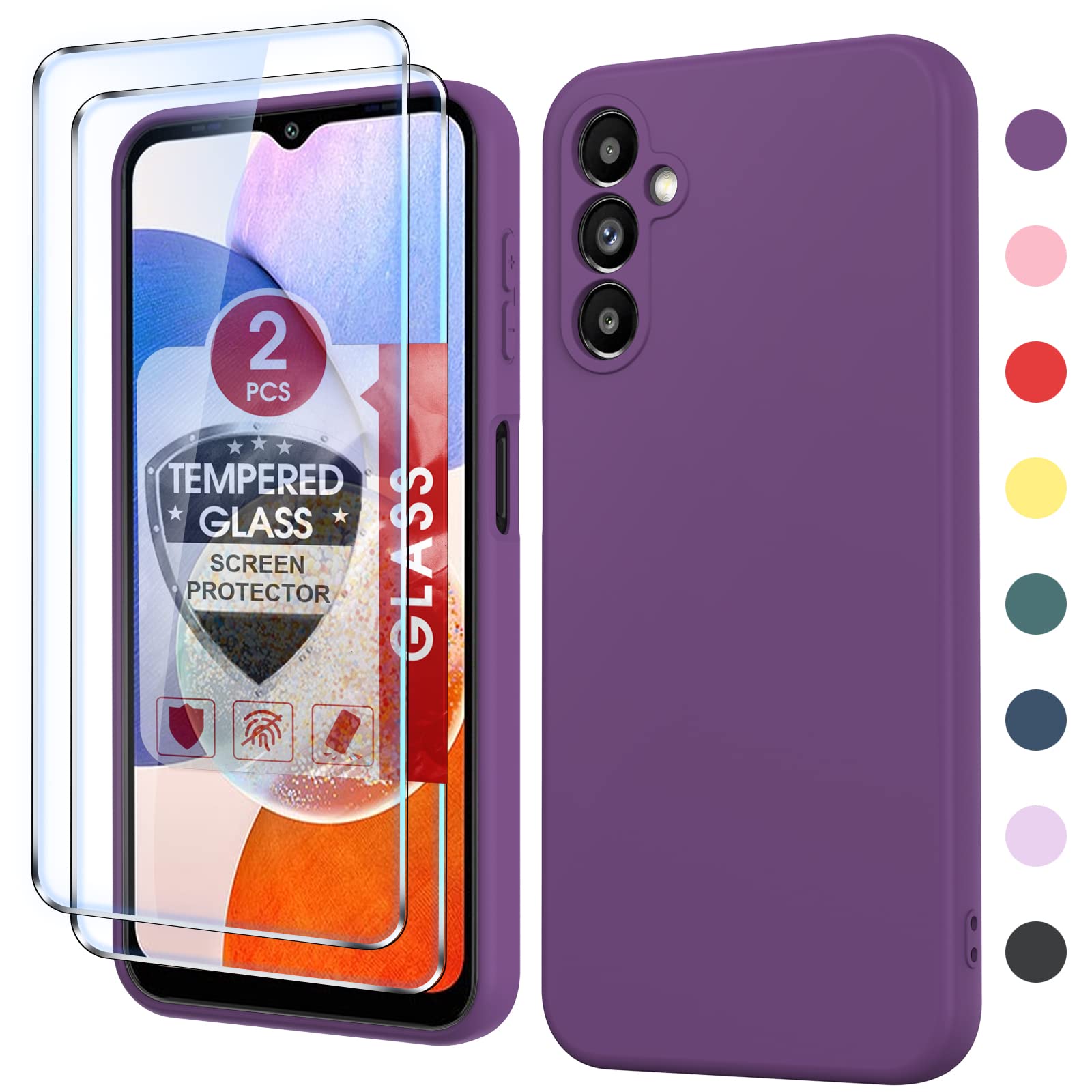 Leyi For Galaxy A14 5G Case: Liquid Silicone, Slim Silky Soft Protective Cover, Red Purple With 2 Pack Tempered Glass Screen Pro