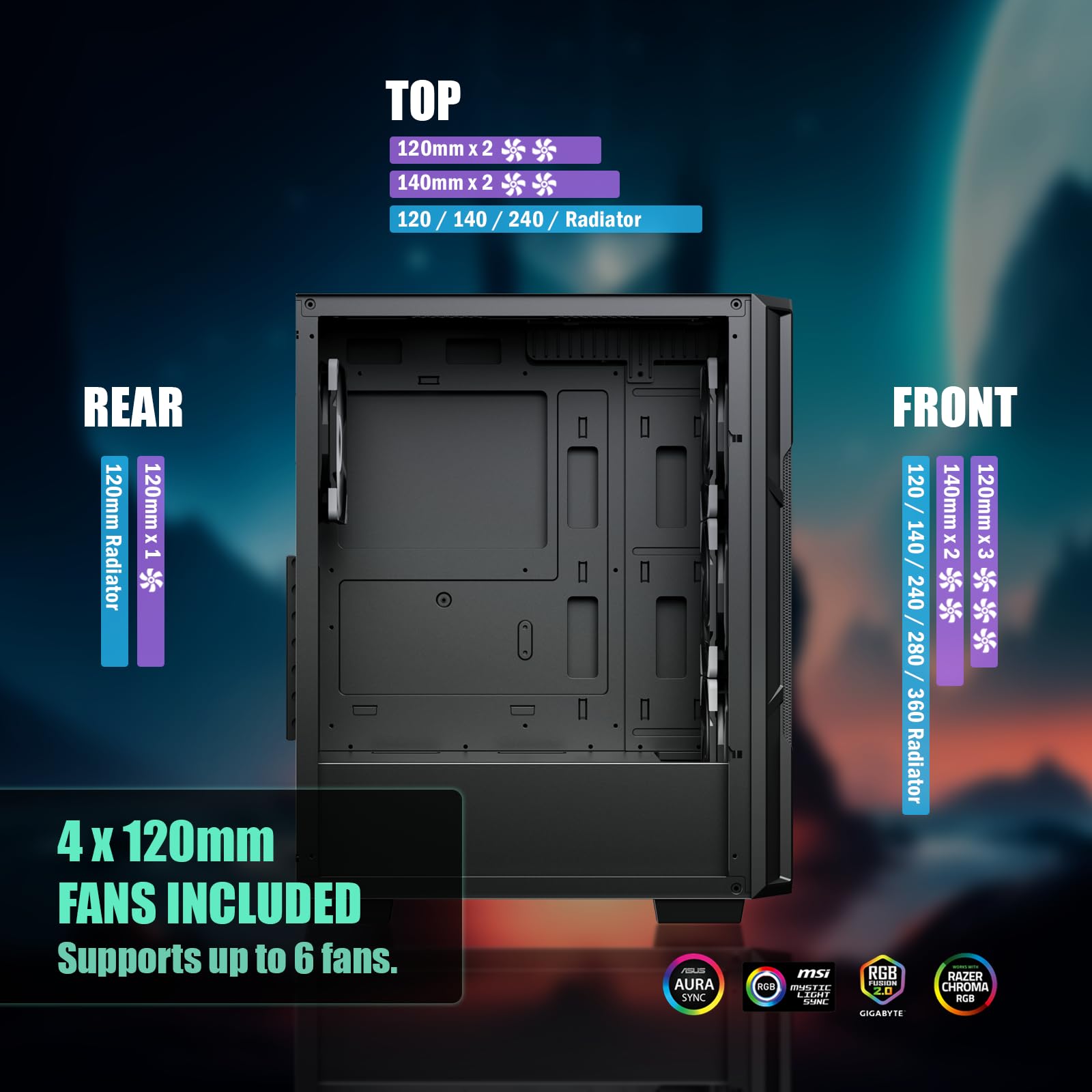 Raidmax Vector V211 Gaming PC Case 4x RGB Fans 240mm Water Cooler Tempered Glass Black