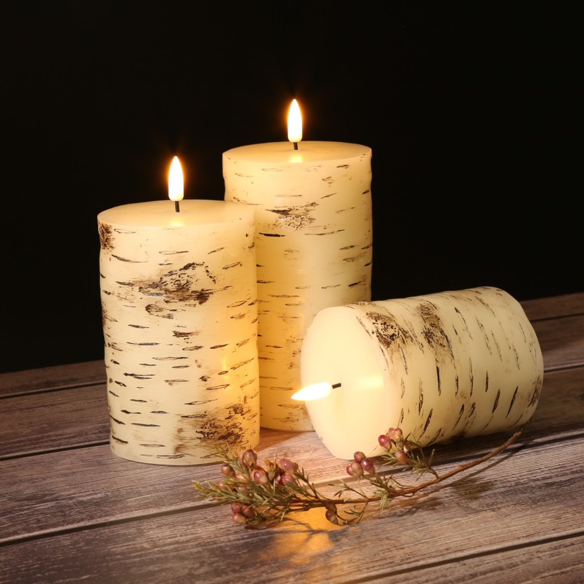 Eywamage Birch Wood Flameless Pillar Candles With Remote, Flickering Led Wax Battery Candles Set Of 3, Christmas Fall Decorative