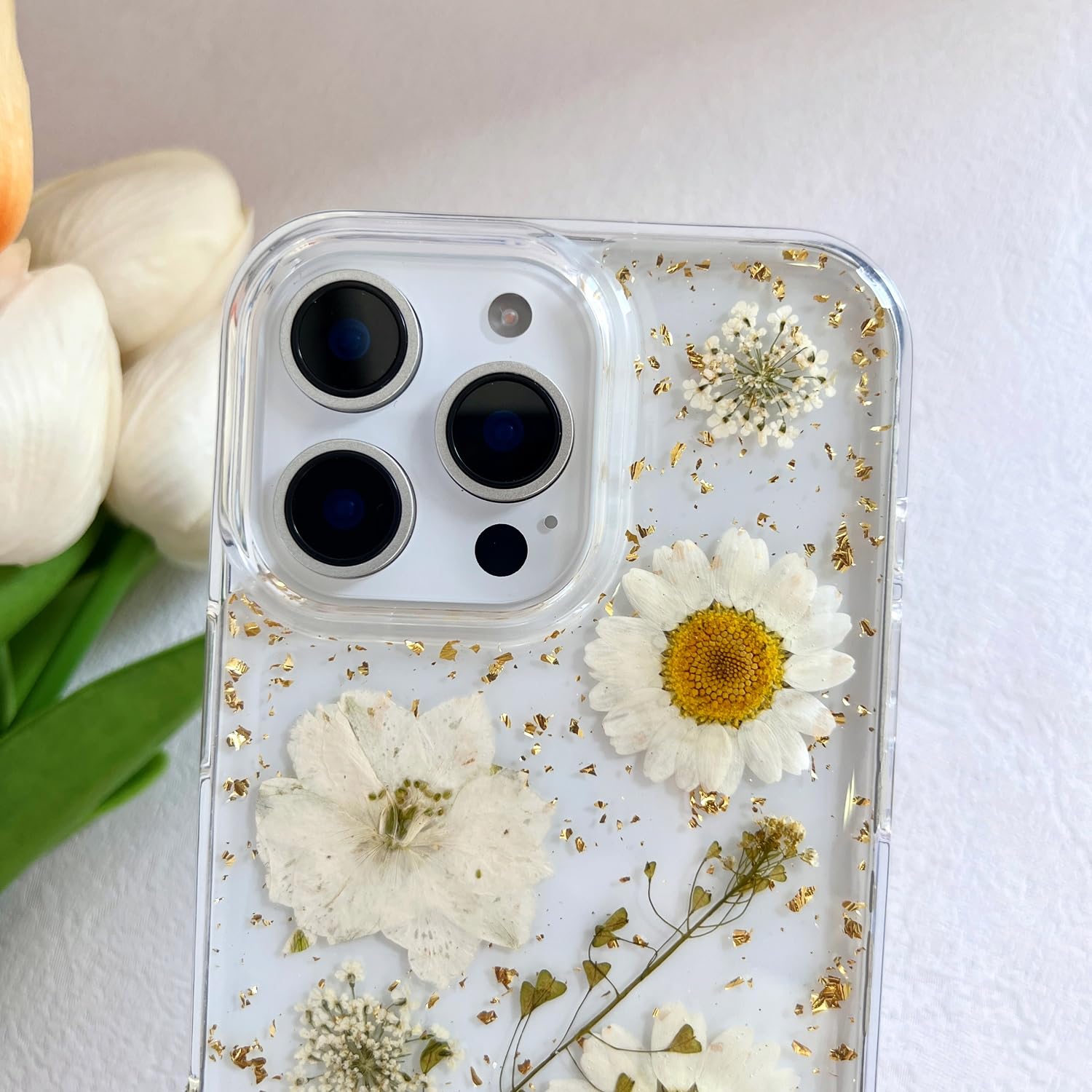 Lseeka For Iphone 16 Pro Clear Case With Pressed Real Flowers Design,Glitter Cute White Floral Pattern Slim Soft Tpu Protective