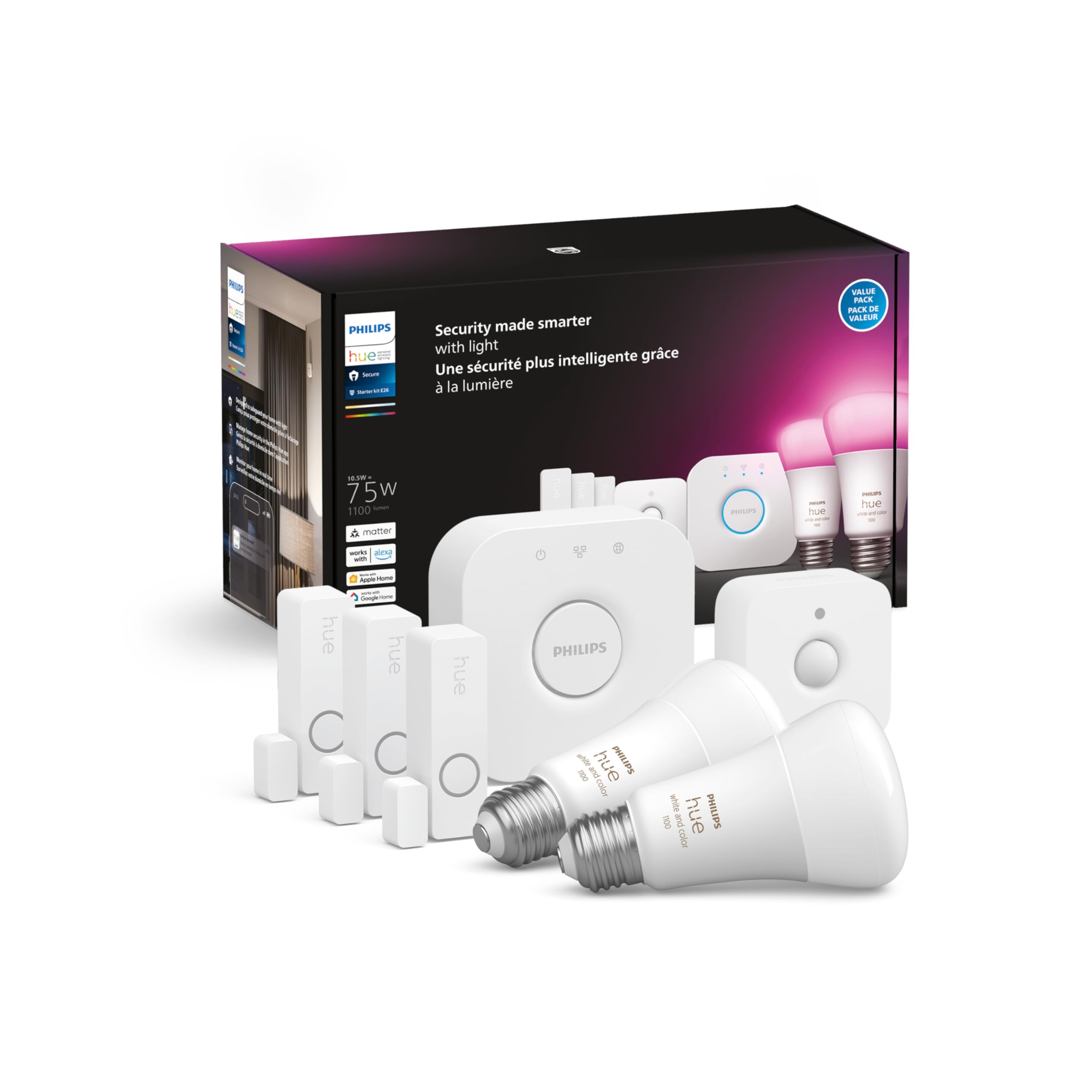 Philips Hue Secure Starter Kit   Includes 3 Secure Contact Sensors (White), 1 Indoor Motion Sensor, 1 Bridge, 2 White & Color Ambiance Smart Bulbs   Easy To Install, Works With Hue App