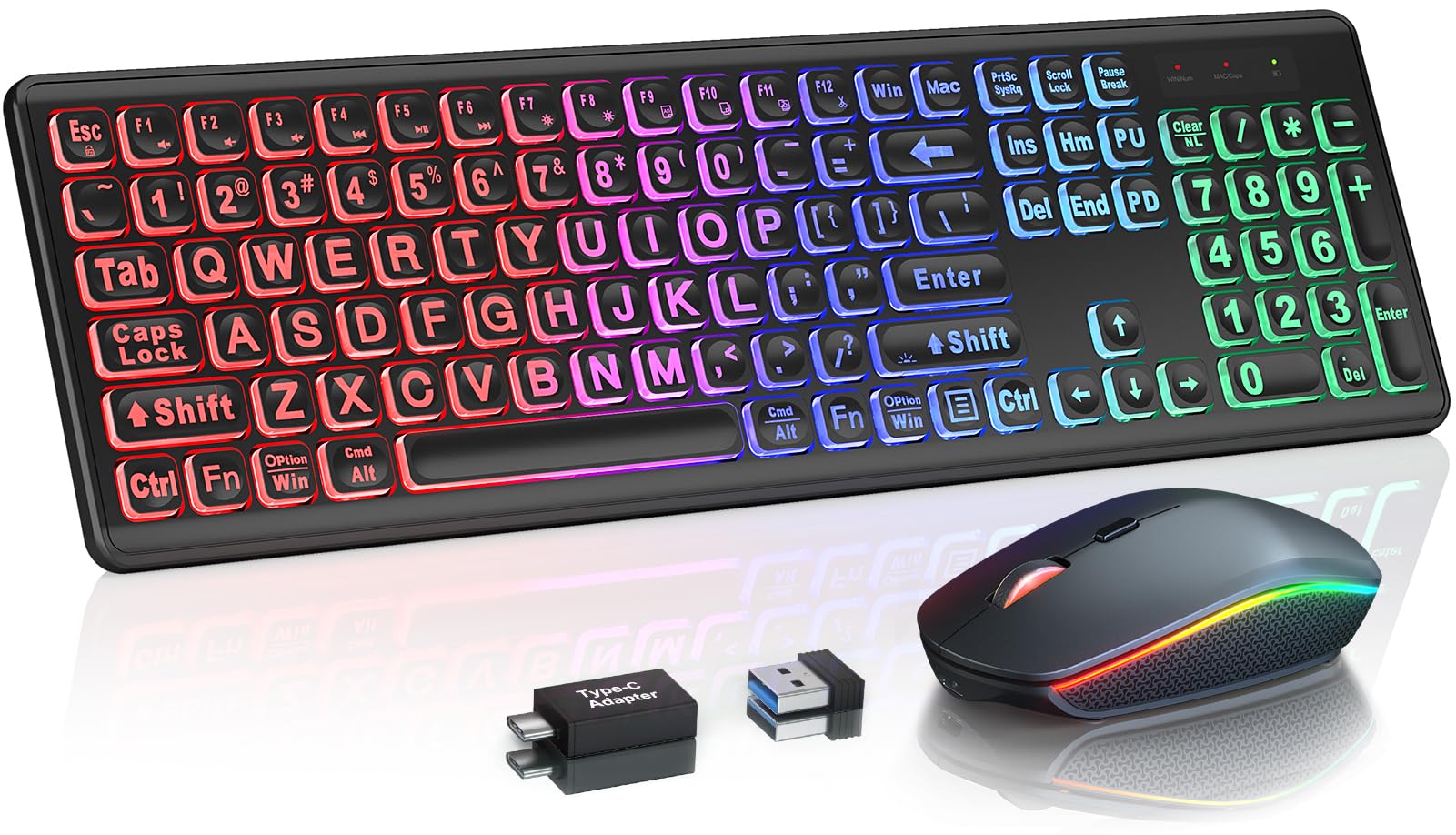 Wireless Keyboard And Mouse Combo   Large Print, Rgb Backlit, Oversize Light Up Letters, Rechargeable, Ergonomic Tilt Leg, Sleep Mode, 2.4Ghz Quiet Keyboard Mouse For Mac, Windows, Laptop, Pc, Trueque