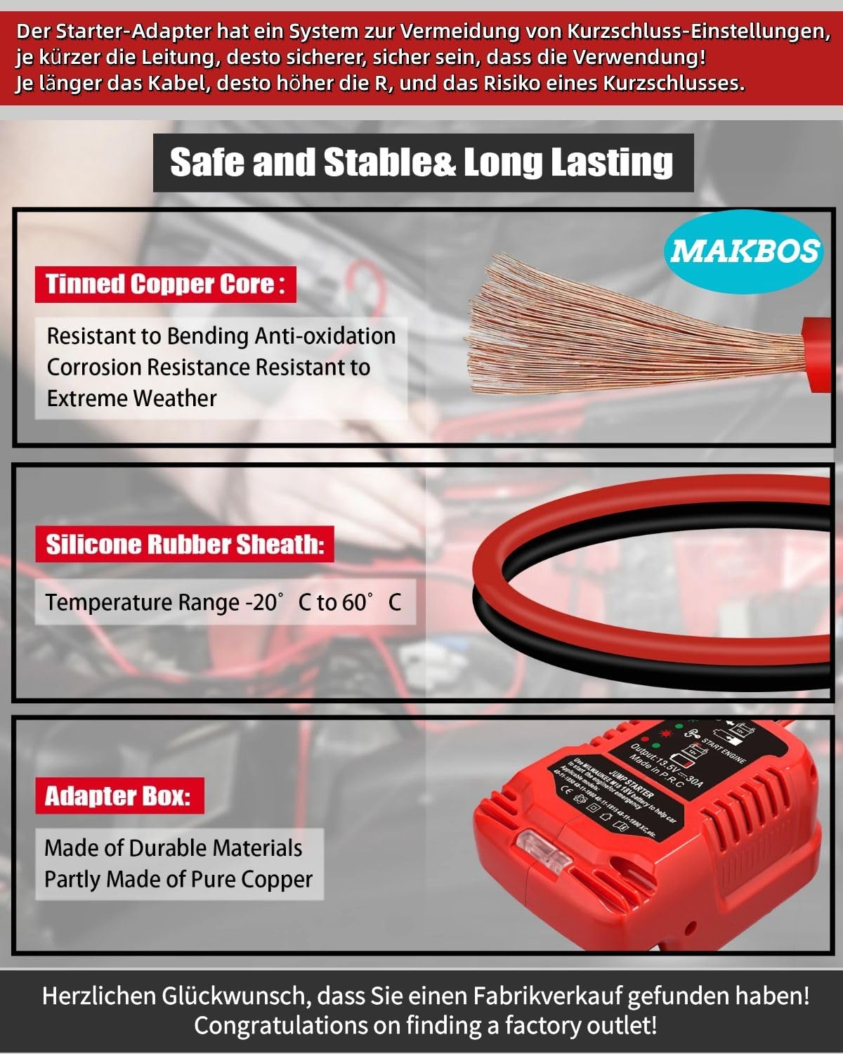 Makbos Jumper Cables Adapter For Milwaukee 18V Batteries, 8 Gauge 6.5 Ft Battery Jump Car Starter,Up To 8.0L Gas Or 6.5L Diesel