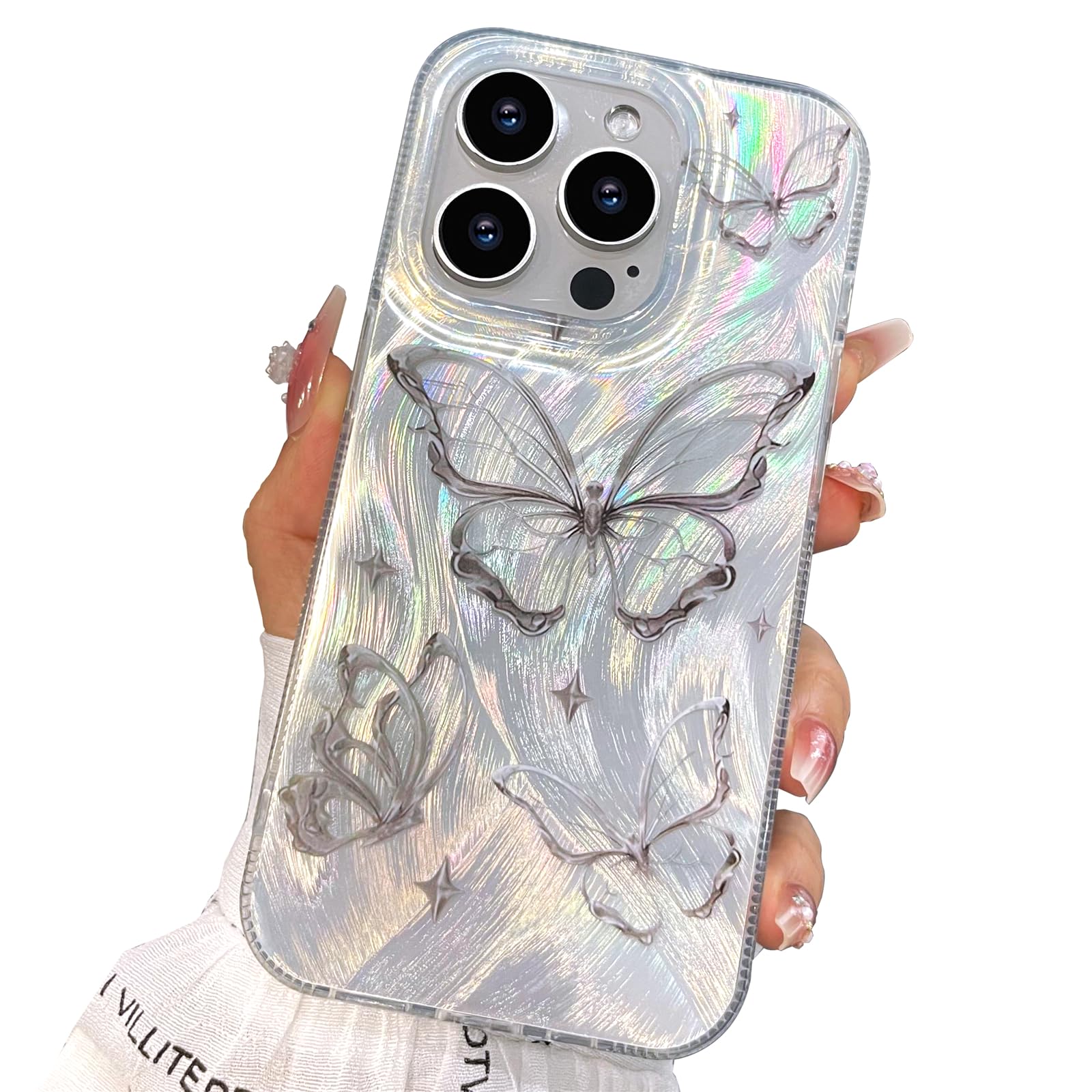 I Mgae In Ar Compact Case For Iphone 16 Pro Shiny Silver Butterfly Design,Cute Trendy Soft Slim Tpu Shockproof Protective Phone