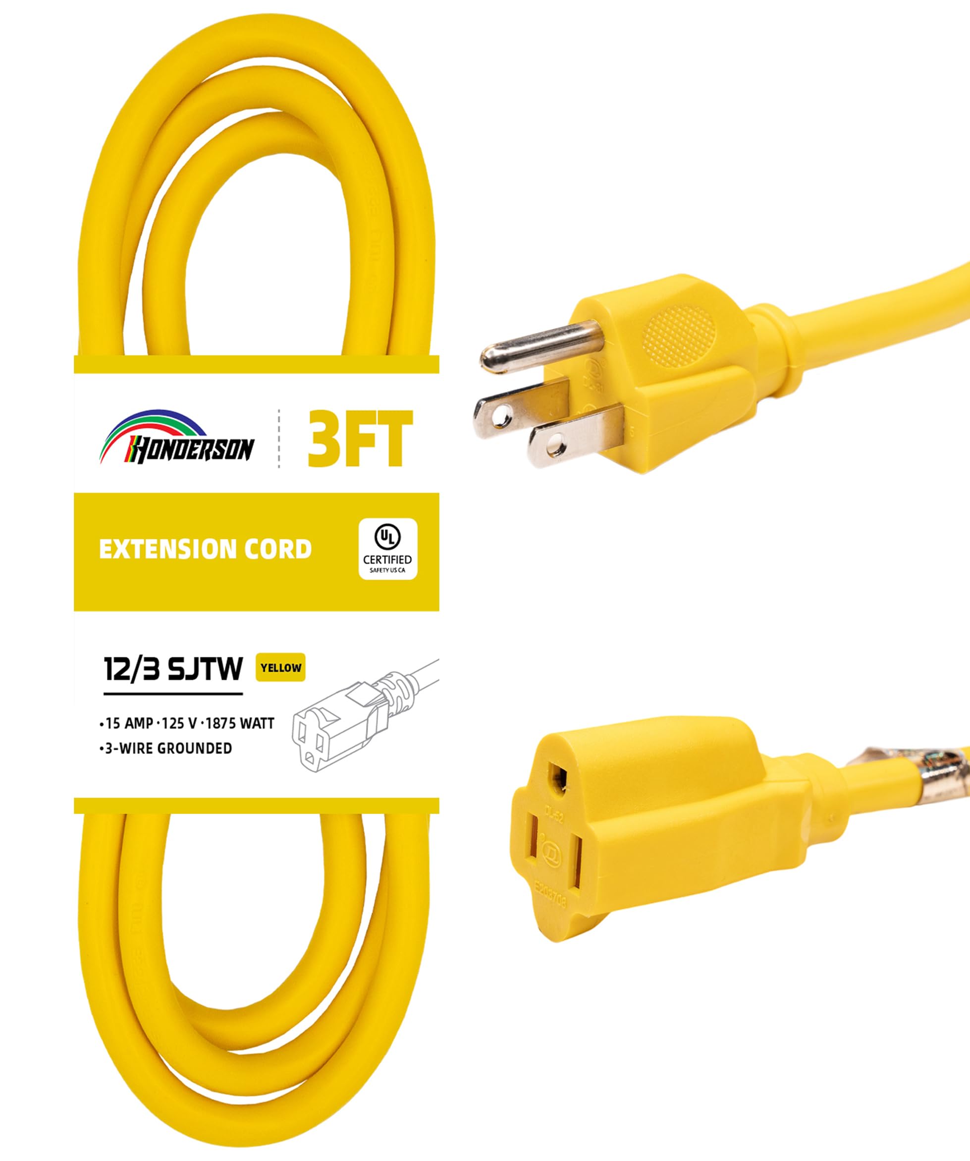 Honderson Extension Cord Weatherproof, Ul Listed, 12 Gauge 3Ft Yellow 3 Prong Heavy Duty, 12/3 Sjtw 15A Power Cord For Lights, A