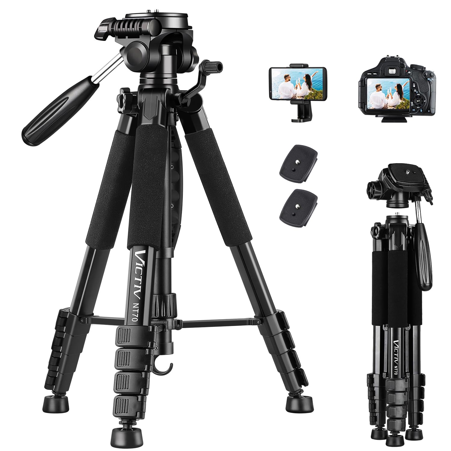 Victiv 74� Camera Tripod, Tripod For Camera And Phone, Aluminum Heavy Duty Tripod Stand For Canon Nikon With Carry Bag And Phone Holder, Compatible With Dslr, Iphone, Spotting Scopes, Max Load 15 Lb