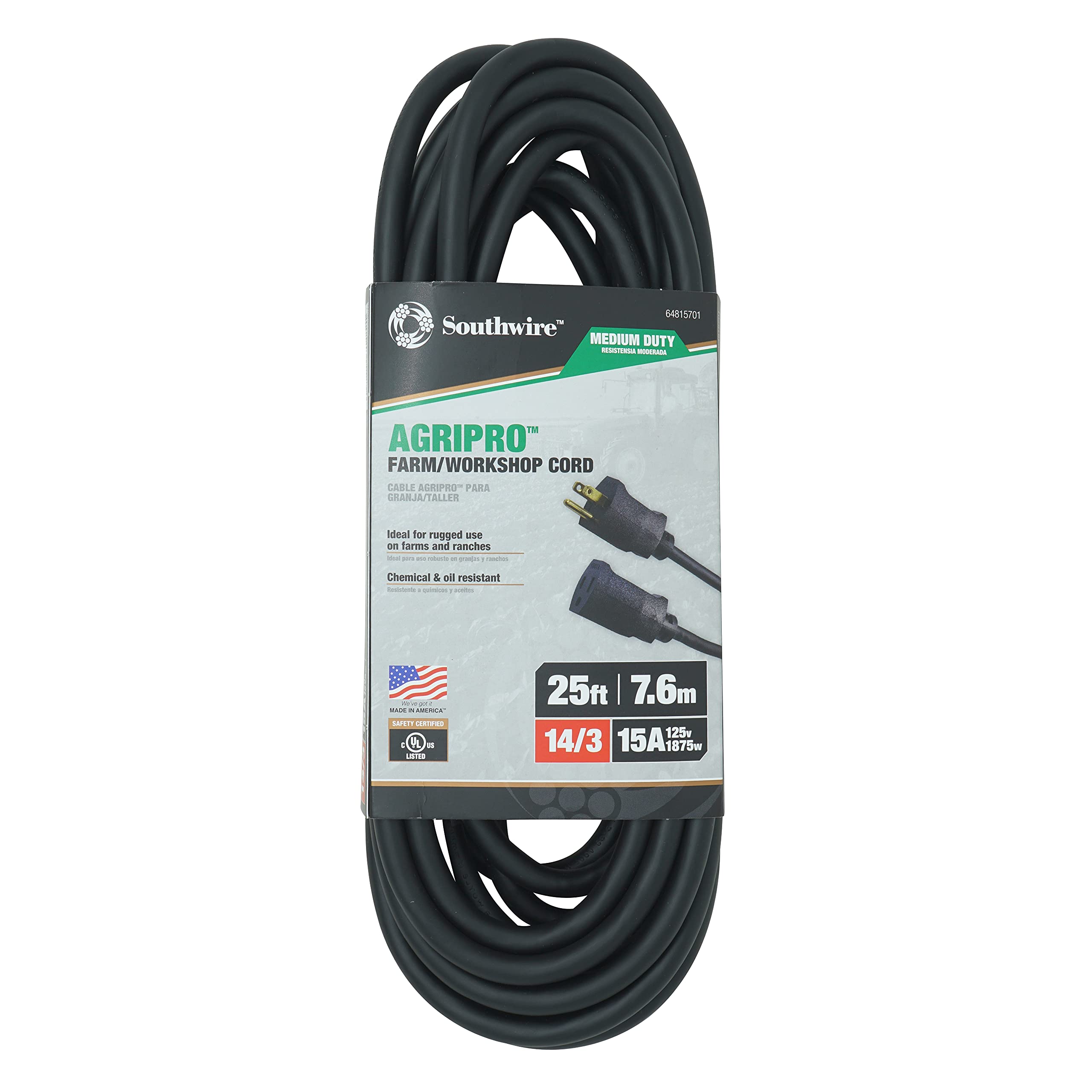 Southwire Agripro Medium Duty Extension Cord, 25Ft, 14 Gauge, 3 Conductor, Farm/Workshop Cord Sjtow, Black, 64815701