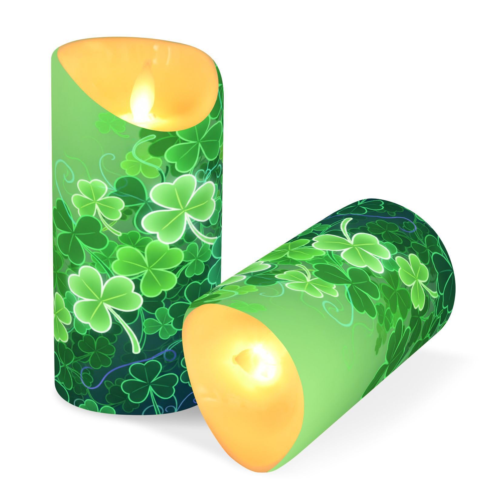 St. Patricks Day Flameless Candles Set of 2 Green Clover Shamrock C Realistic LED Candles with Remote Battery Operated Holiday 