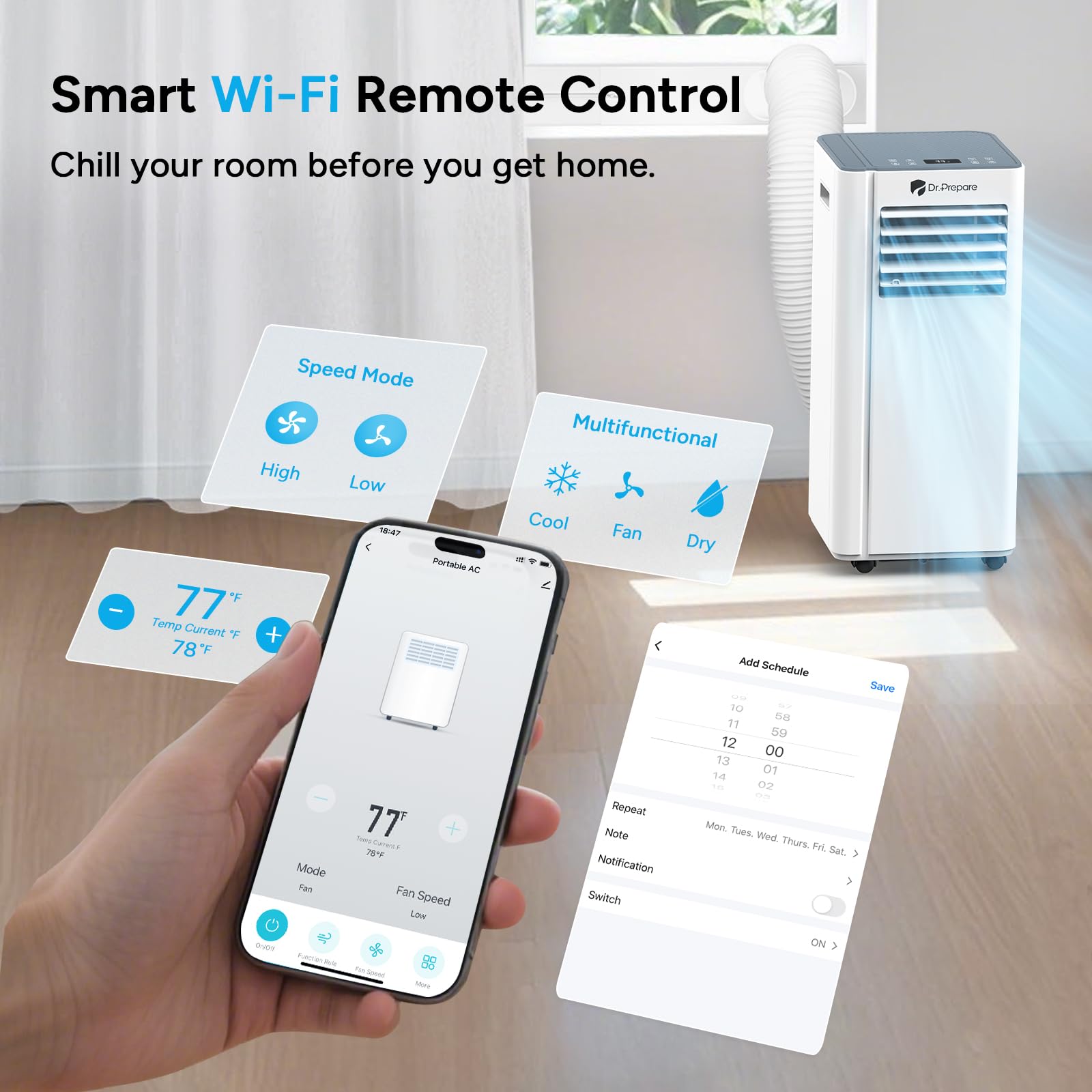 Dr.Prepare 10,000 Btu Portable Air Conditioner With Wifi, 4-In-1 Portable Ac Unit, Remote Control, Fast Cooling, 24H Timers With