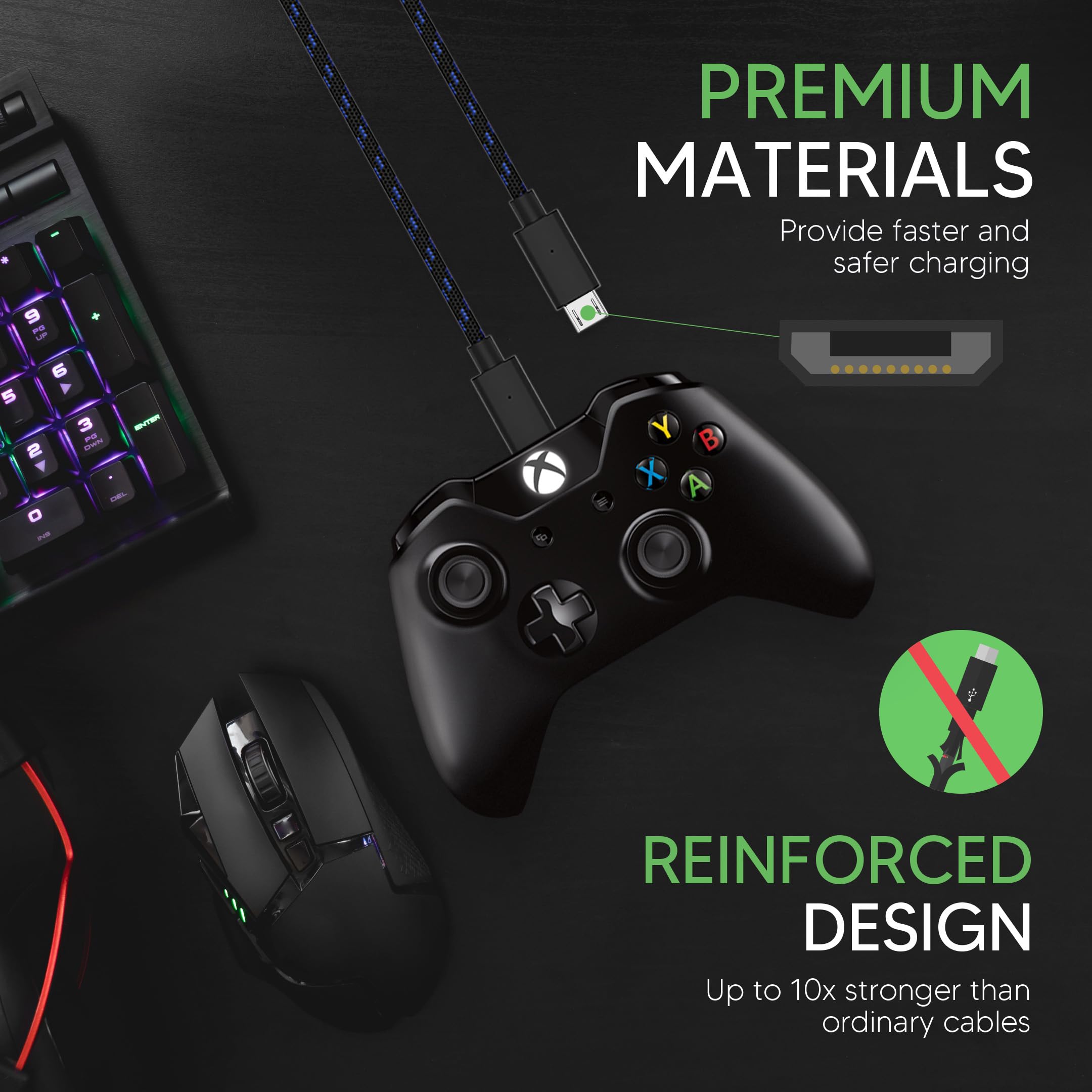 Talkworks Controller Charger Cord For Xbox One   2 Pack 10 Ft Nylon Braided Micro Usb Charging Cable   Also Android Compatible W