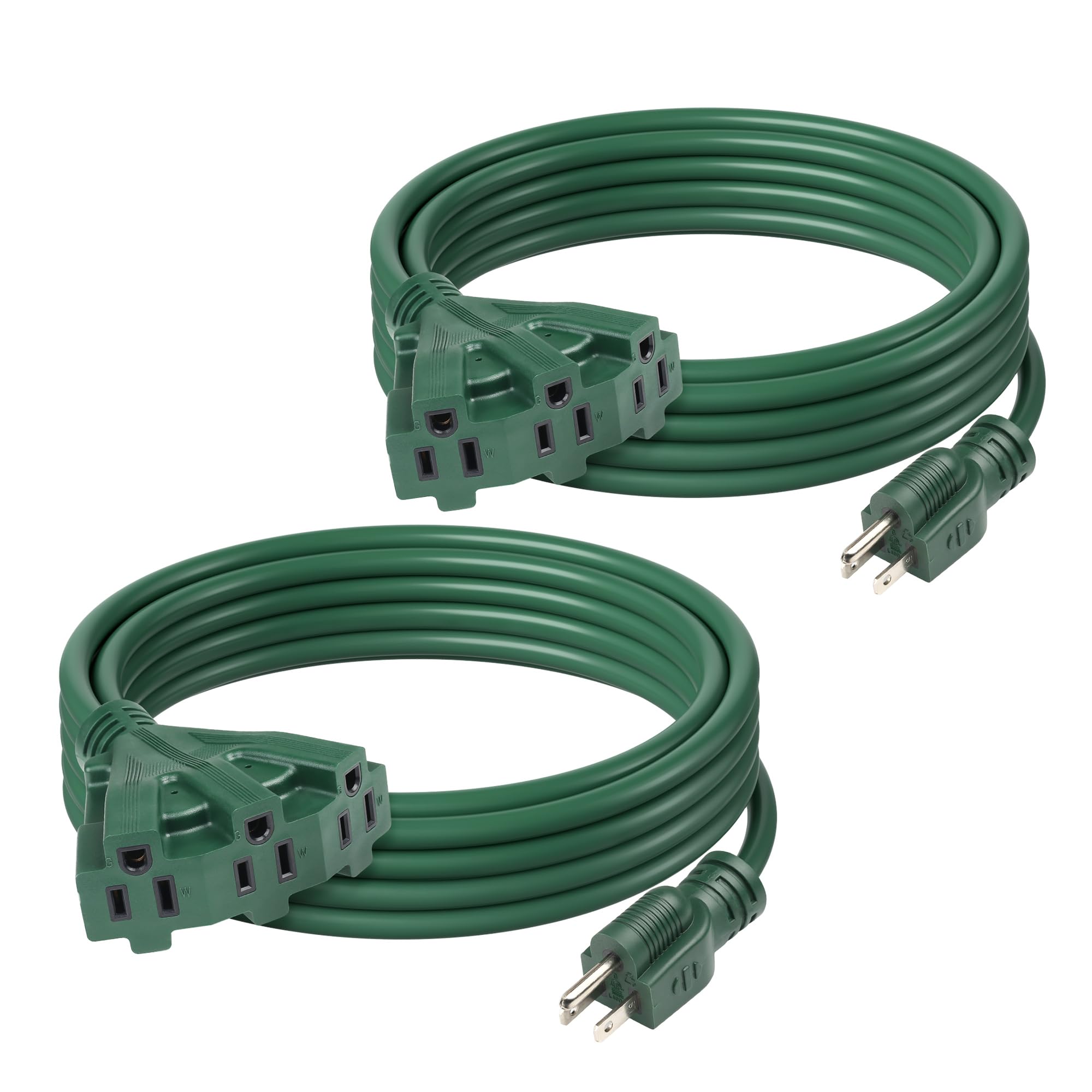 Bn Link 2 Pack 15Ft Outdoor Extension Cord With 3 Outlets 16/3 Sjtw Power Cord, 3 Prong Grounded Plug, For Landscaping & Holiday