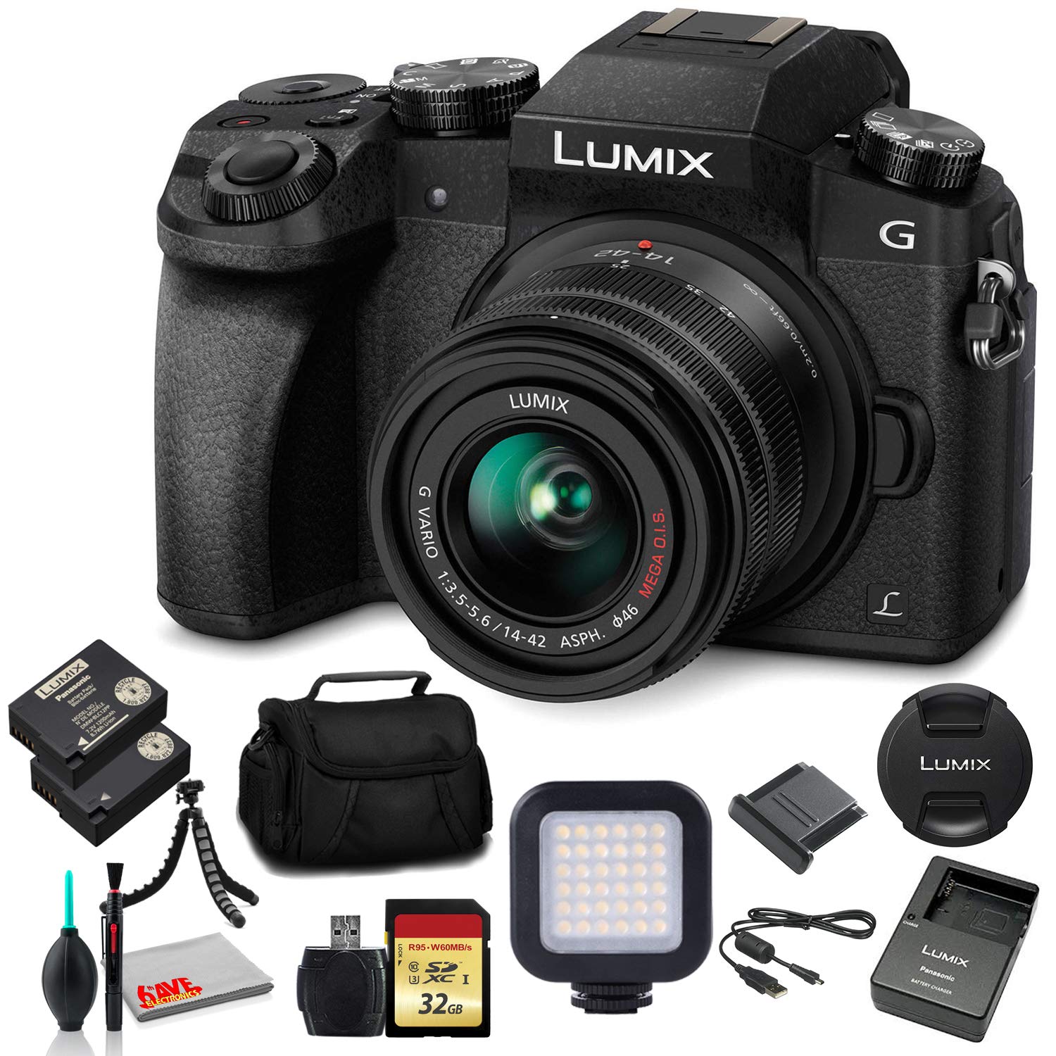 Panasonic Lumix DMC-G7 Mirrorless Digital Camera with 14-42mm Lens (Black) (DMC-G7KK) - Bundle - with LED Light + DMW-BLC12 Batt
