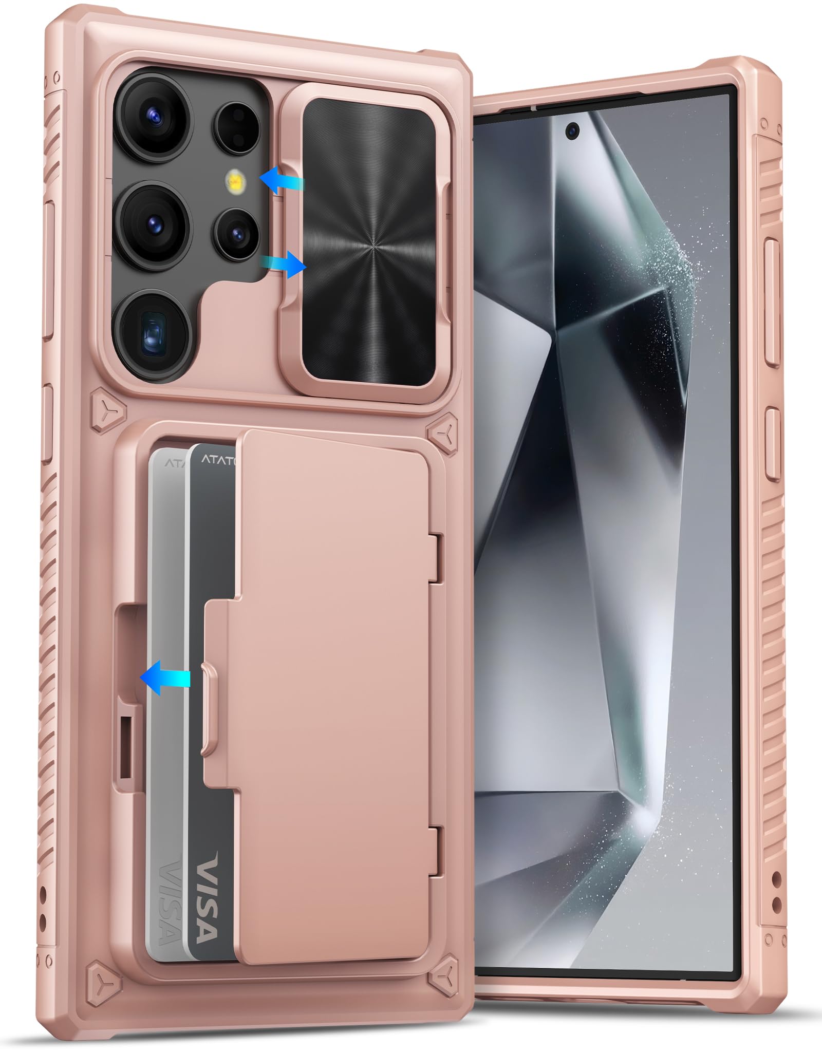 Atatoo For Samsung Galaxy S24 Ultra Case Wallet, Built In Card Holder(Store 4 5 Cards) & Slide Lens Cover, Military Grade Protec
