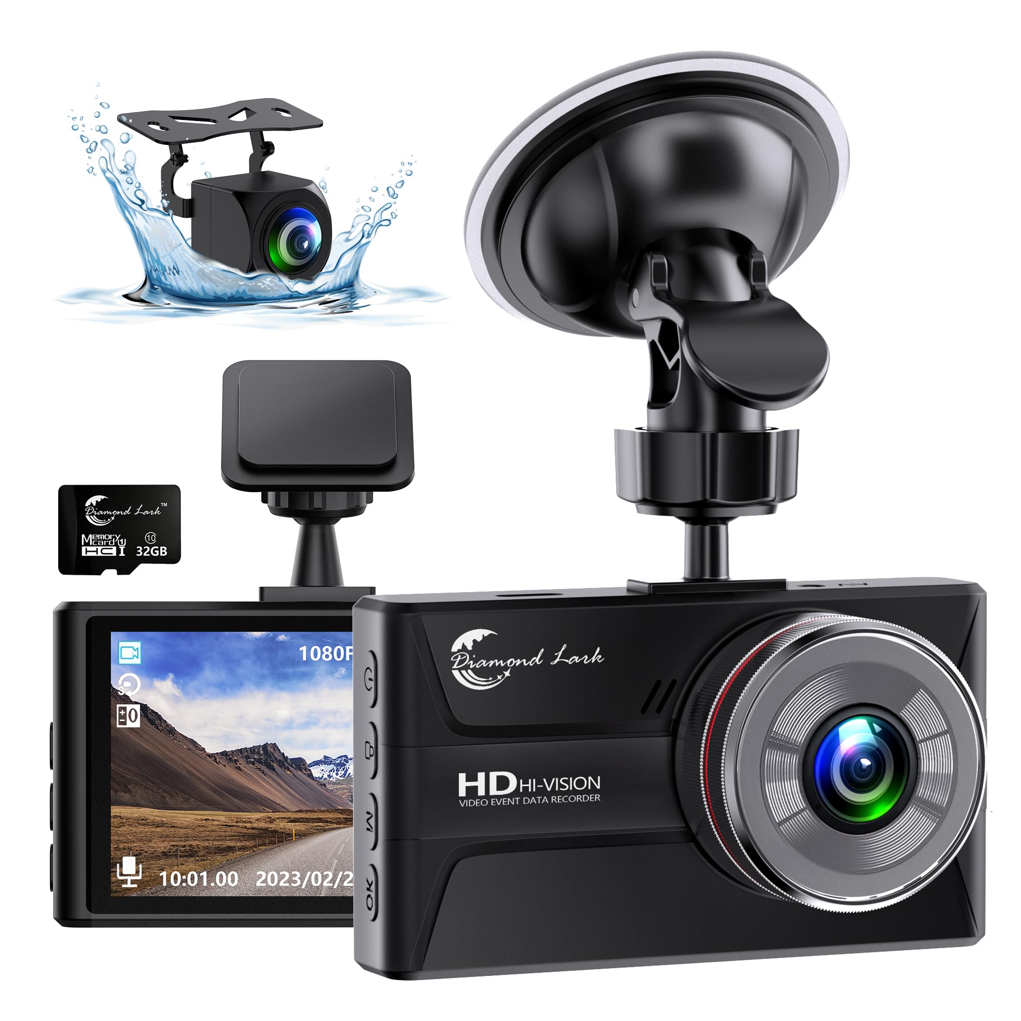 1080P Dash Cam Front And Rear With 32Gb Sd Card, Diamond Lark Dual Dash Camera For Cars, 3    Ips Display Dashcam With Type C Po