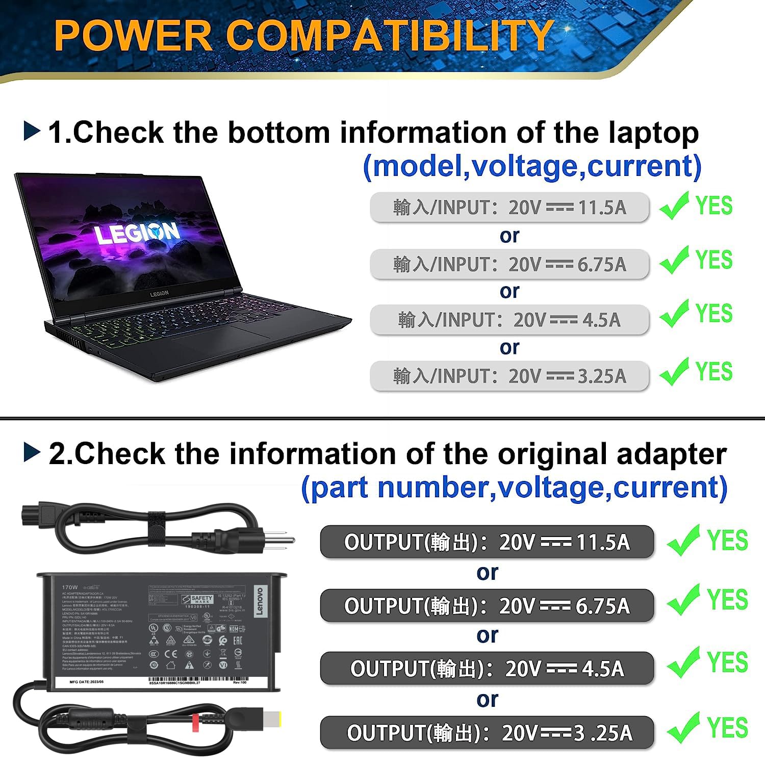 170W Charger 20V 8.5A For Lenovo Legion Slim 5 Yoga Pro 9I Lenovo Thinkpadx1 Extreme P16 P16V Lenovo Ideapad Pro 5 Loq 15Aph8 6I