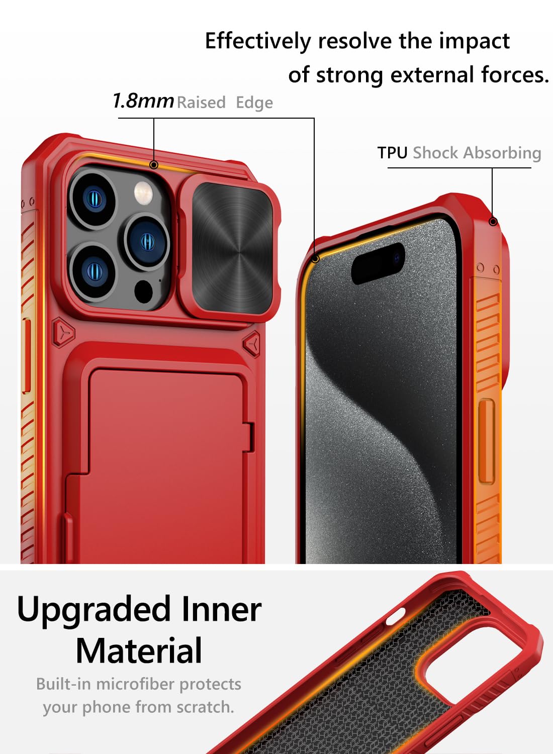 Vihibii For Iphone 15 Pro Max Wallet Case With Card Holder (4 Cards) & Slide Lens Protective Cover & Kickstand & Raised Edges Pr