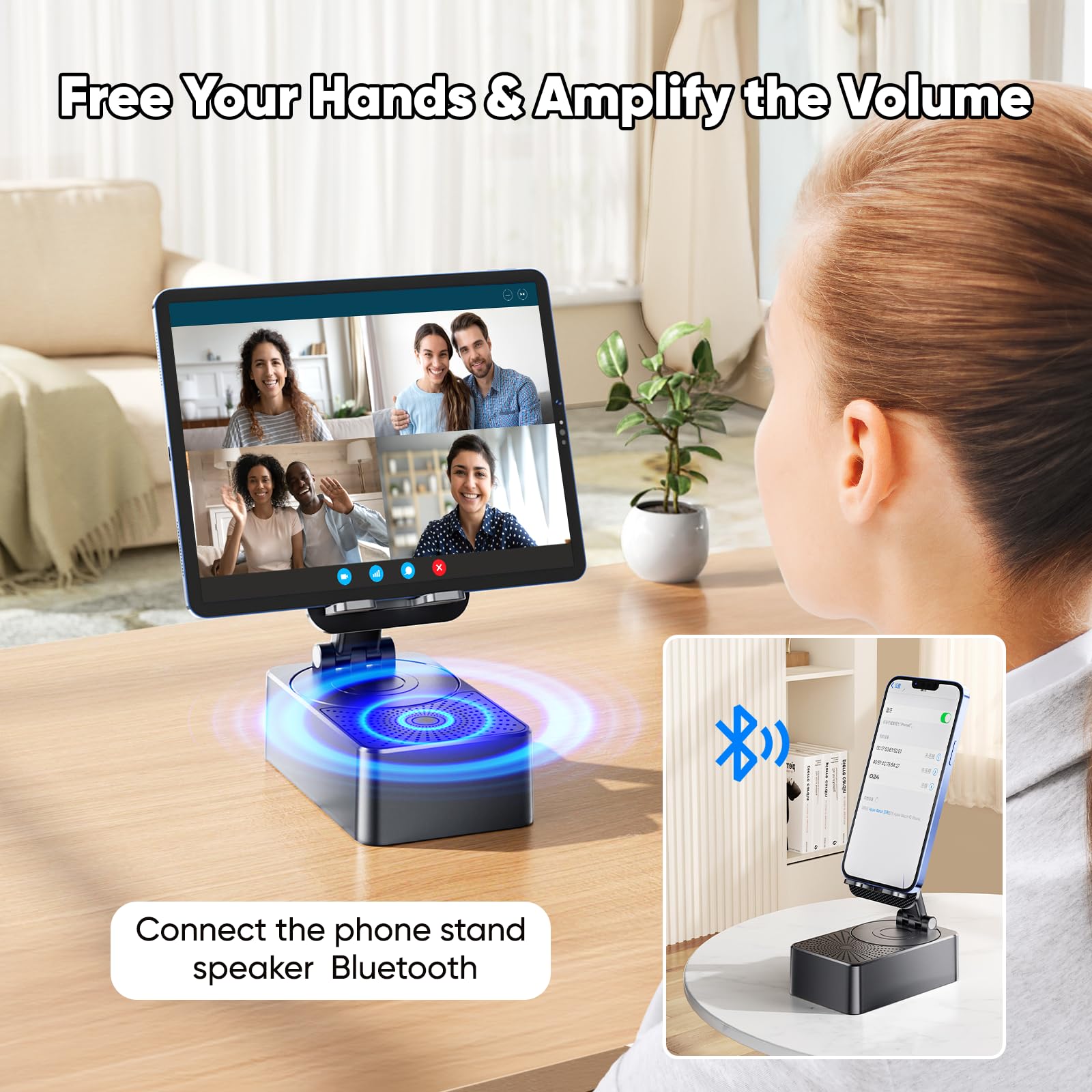 Gankoii Phone Stand With Speaker With Bluetooth 5.3,Phone Stand With Remote Control & Adjustable Height/Angle,Non-Slip Silicone