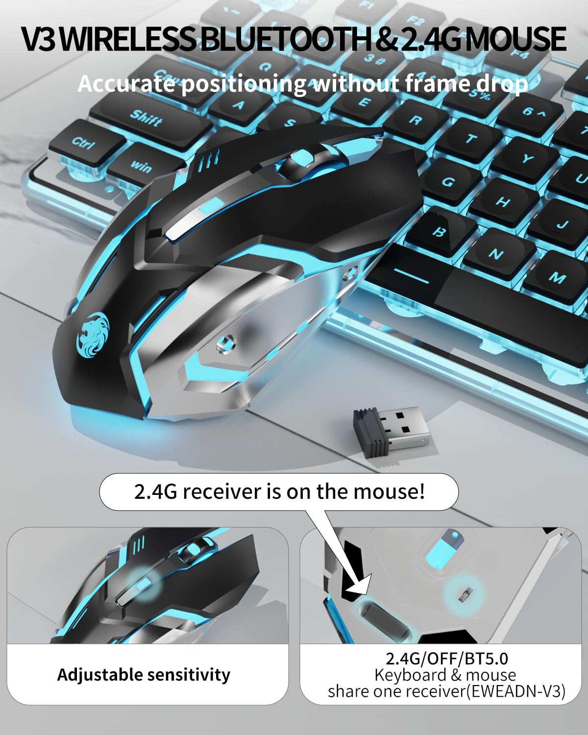 Eweadn V3 Wireless Keyboard And Mouse With Single Backlit, Metal Panel, Bluetooth/2.4G Rechargeable Computer Keyboard And Mouse