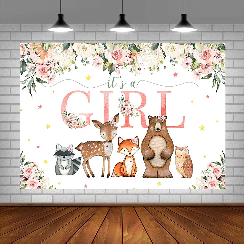 Ablin 7X5Ft Woodland Baby Shower Backdrop For Girls Pink Flowers Photography Background Woodland Animals Baby Shower Decorations