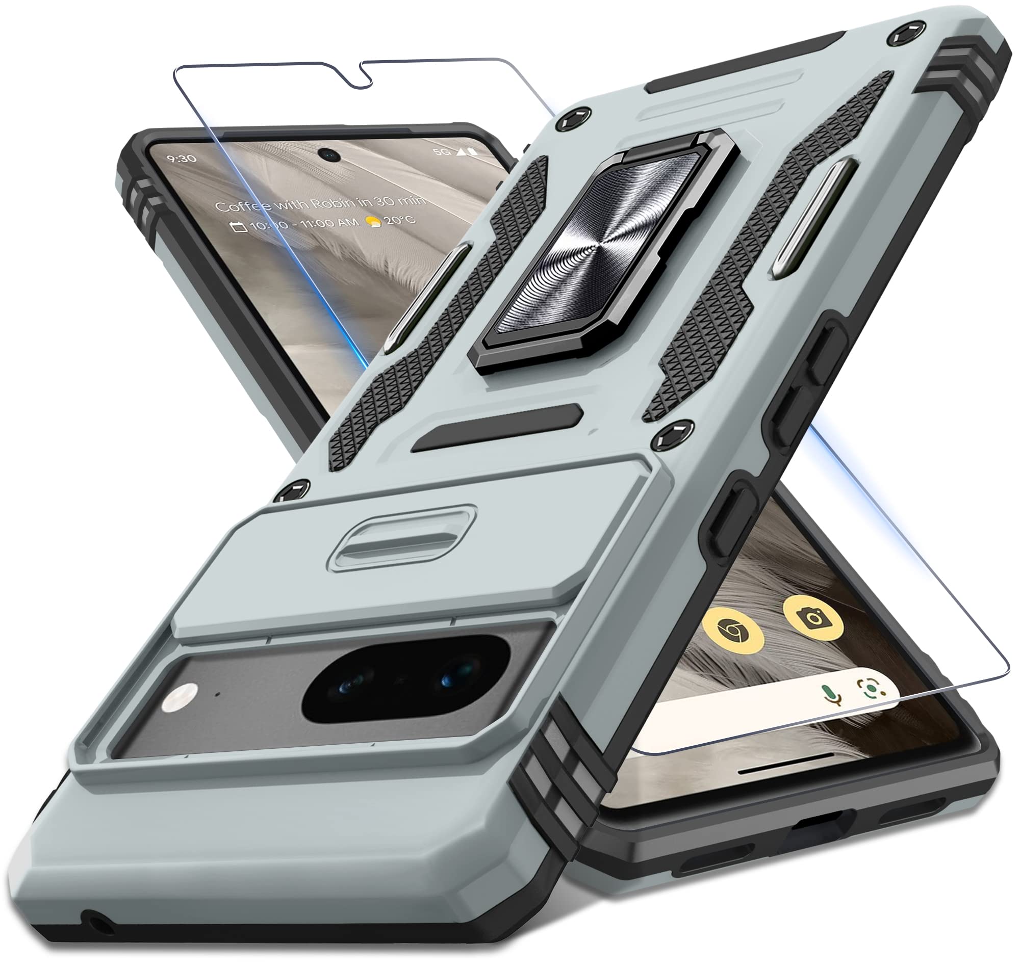 Deerlamn Case For Google Pixel 7 With Slide Camera Cover+Screen Protector(1 Pack), Rotated Ring Kickstand Military Grade Shockpr