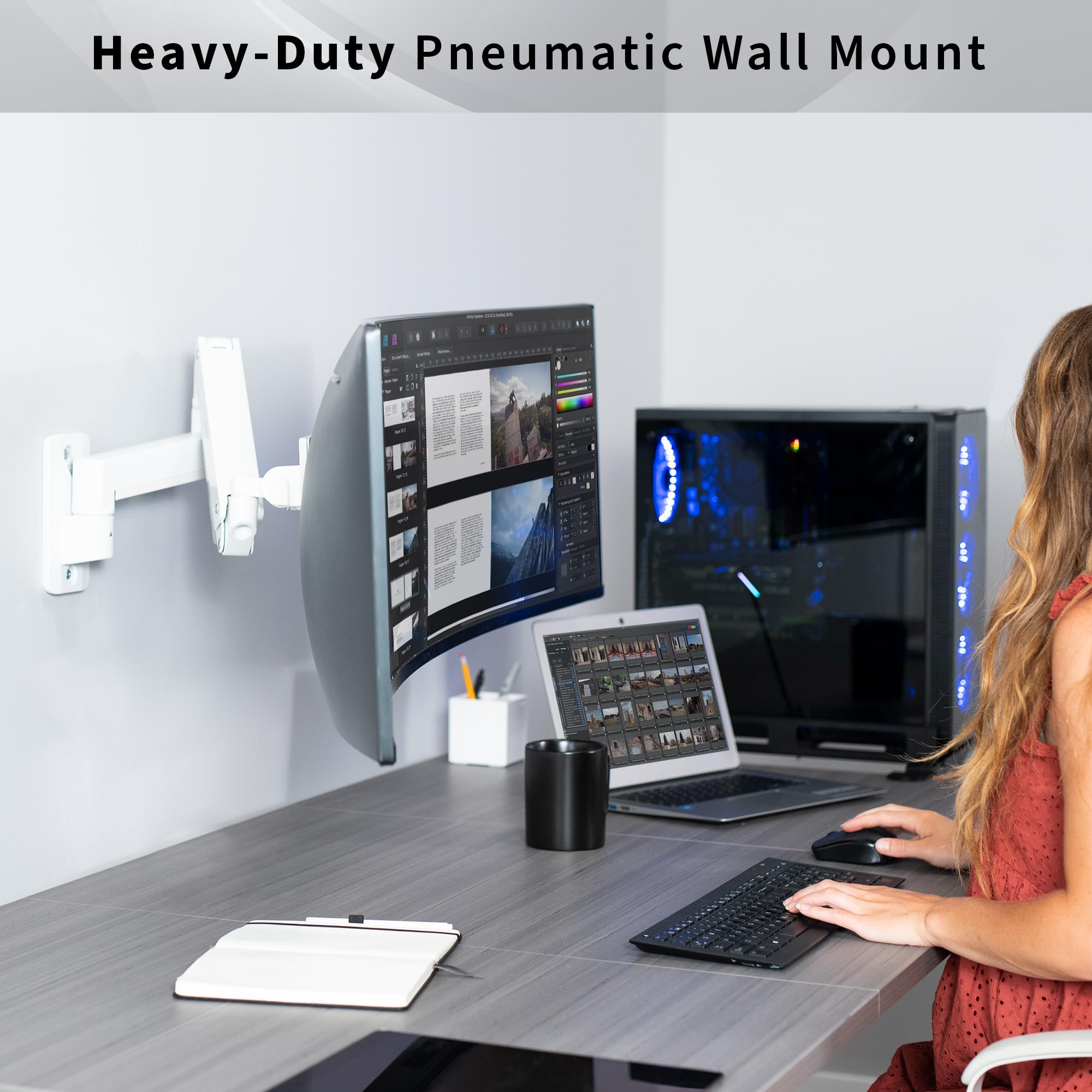 VIVO Premium Aluminum Heavy Duty Monitor Arm for Ultrawide Screens up to 49 inches and 44 lbs, Single Wall Mount, Pneumatic Height, Max VESA 100x100, White, MOUNT V101G1W