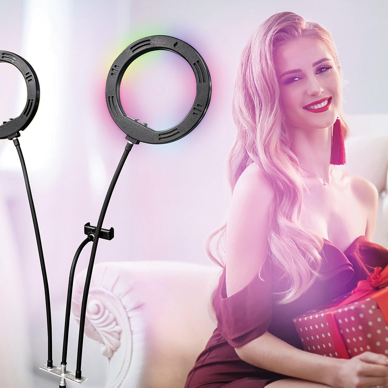 Supersonic Sc 2710Sr Dual 8'' Selfie Ring Lights With Tripod Stand And Cell Phone Holder For Live Stream/Makeup With Dimmable Le