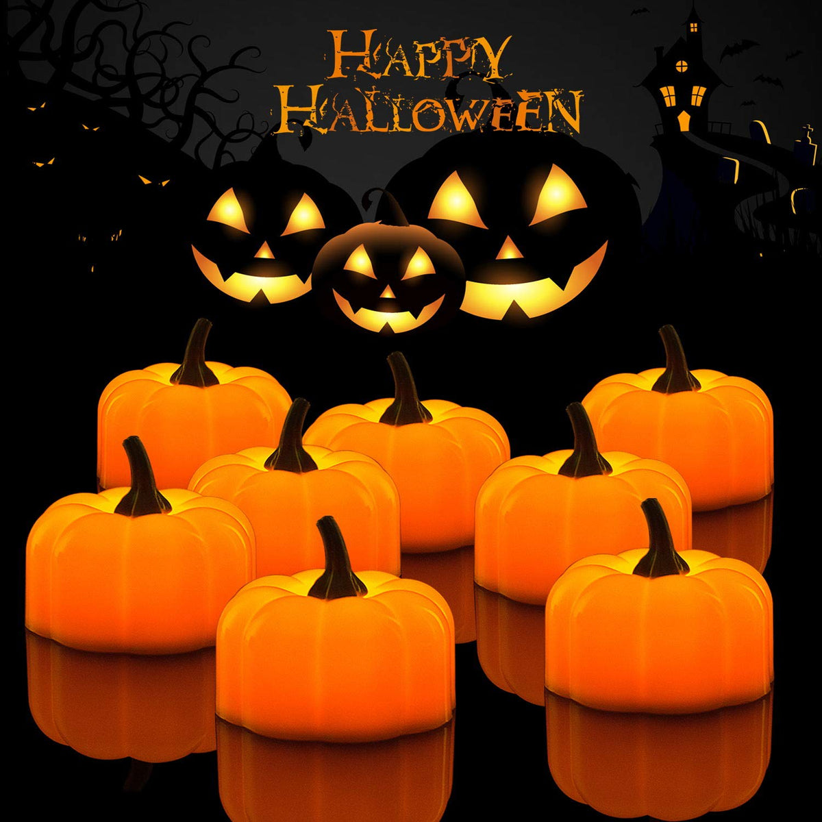 Halloween 12 Pack Led Pumpkin Lights, Jack-O'-Lantern, Small Orange Flickering Tea Lights, For Halloween, Fall Festival Decorati