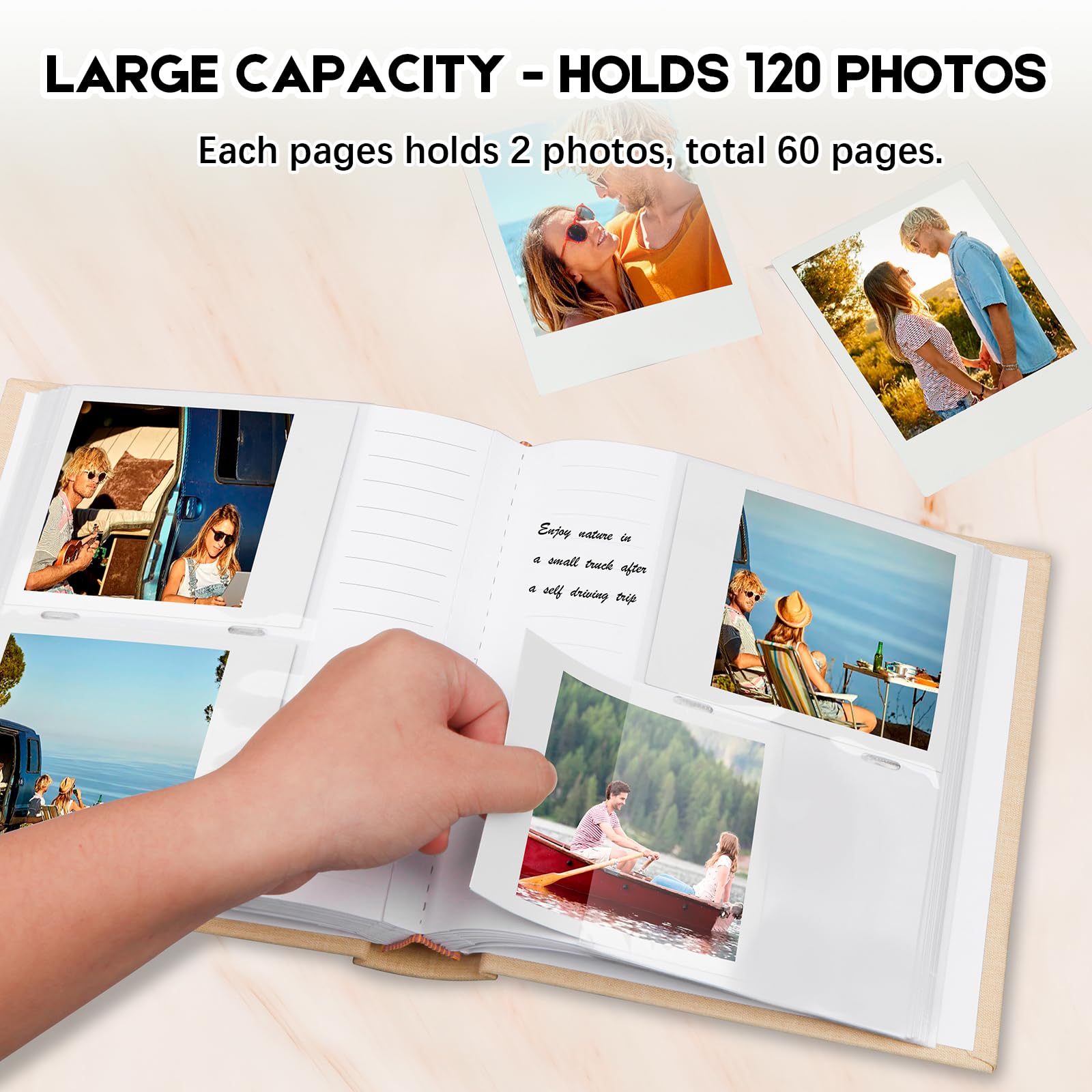 Photo Album For Fujifilm Instax Wide 300 Camera, Linen Cover, 120 Pockets Photo Album With Writing Space For Polaroid Now Onestep2 Onestep+ Instant Camera, Pop Lab Print Camera (Khaki)