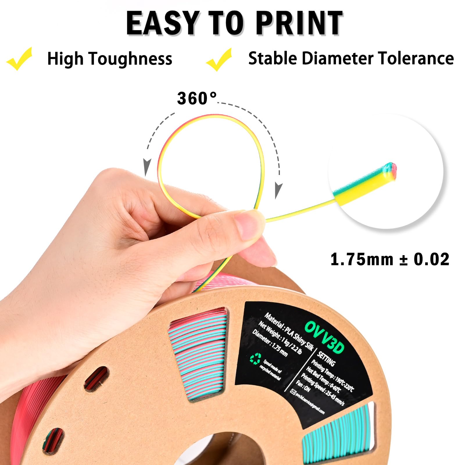 Ovv3D Pla Filament 1.75Mm Tri Colors, 3D Printer Filament Silk Pla Filament, Rainbow Pla Filament With Silk Pla Sky Blue, Pink A