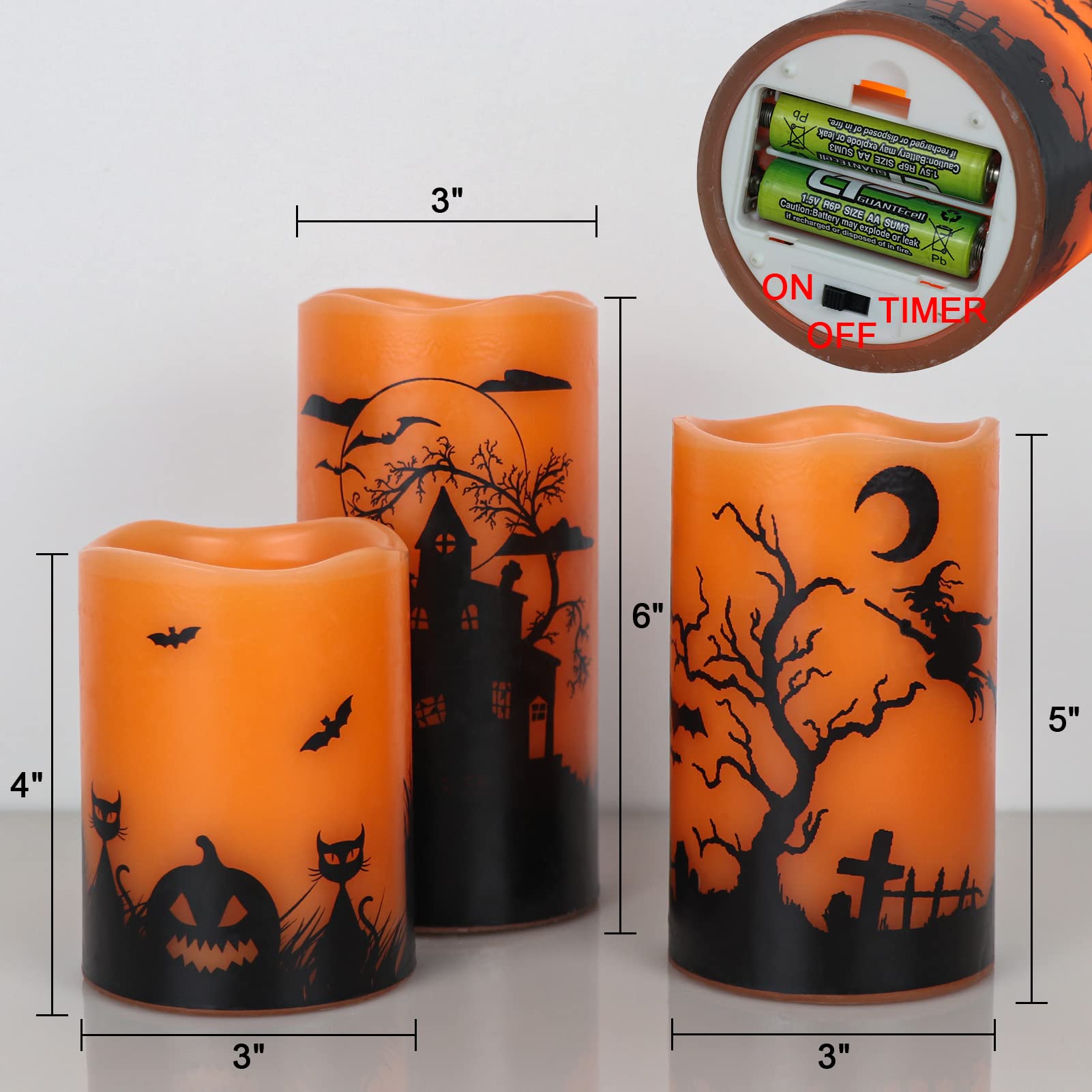 Lasumora Halloween Flameless Candles With 6 Hour Timer, Battery Operated Orange Led Pillar Candles Flickering Real Wax, Witch, B
